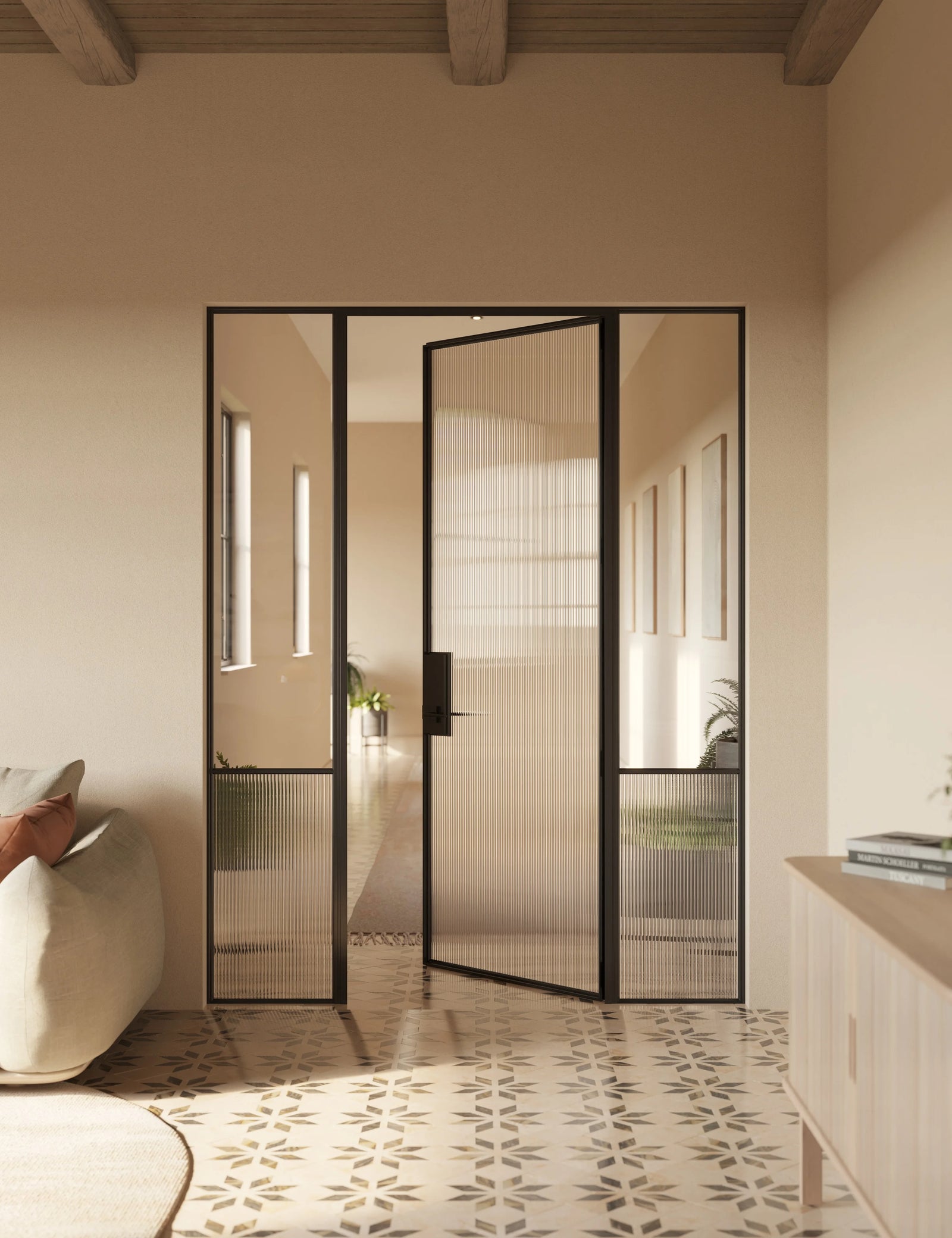 Contemporary Air Grand interior door system with side windows, OTTOSTUMM hot-rolled steel profiles and removable threshold detail
