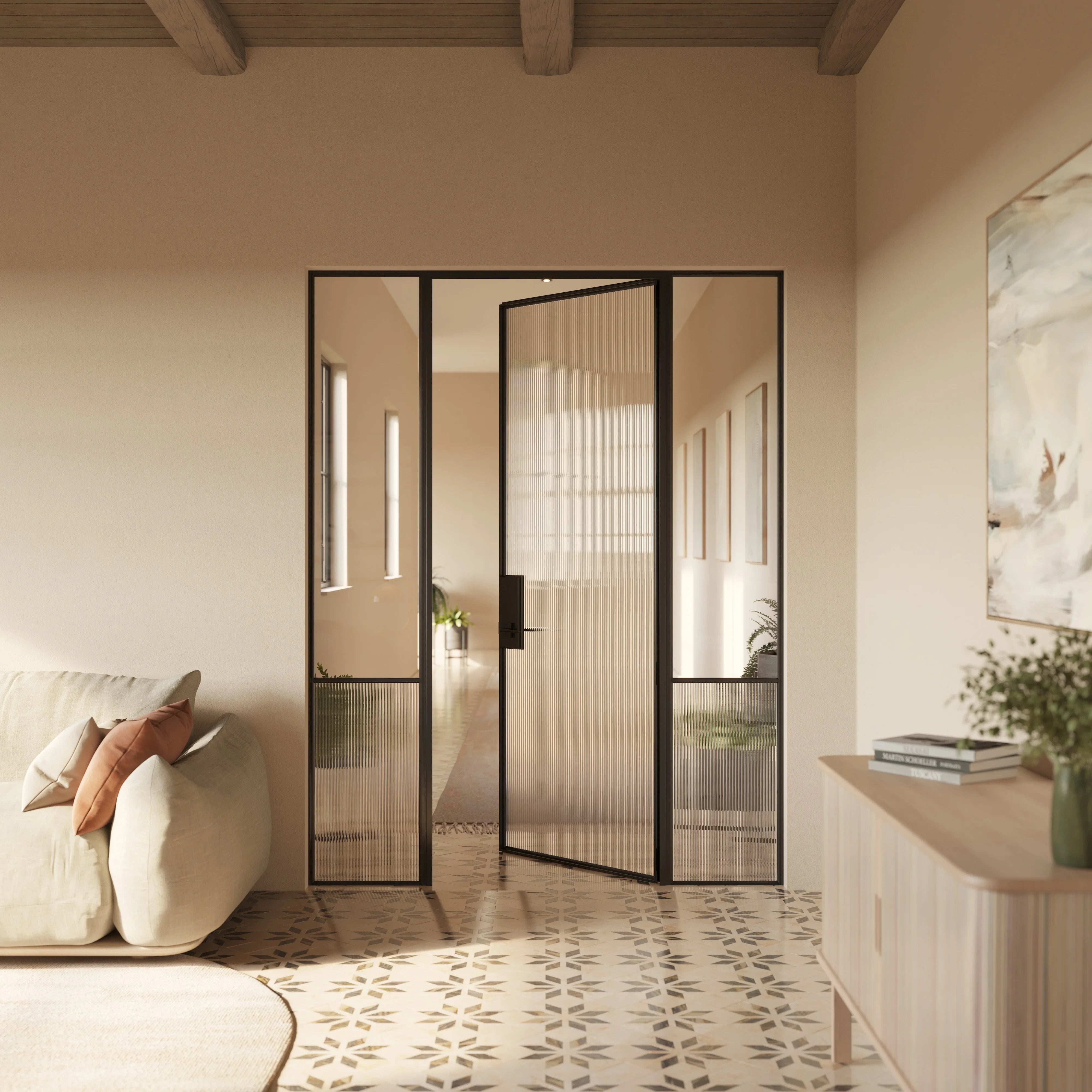 Contemporary Air Grand interior door system with side windows, OTTOSTUMM hot-rolled steel profiles and removable threshold detail