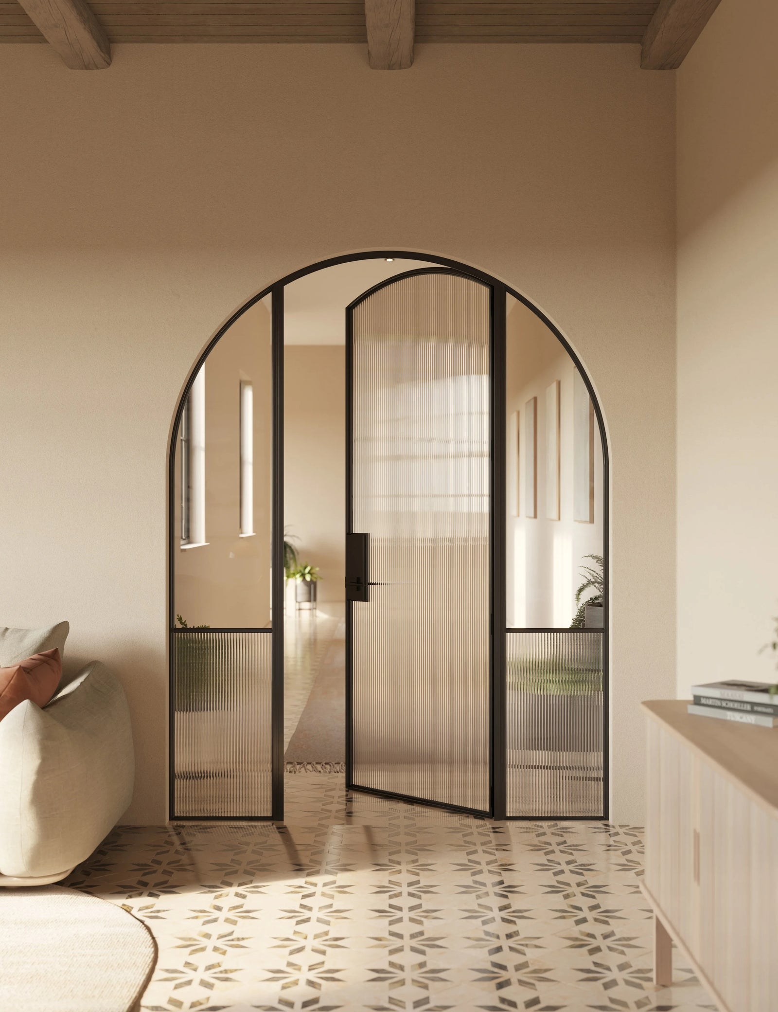 Contemporary interior full arch steel door with side windows, Air Grand OTTOSTUMM steel construction with narrow sightlines