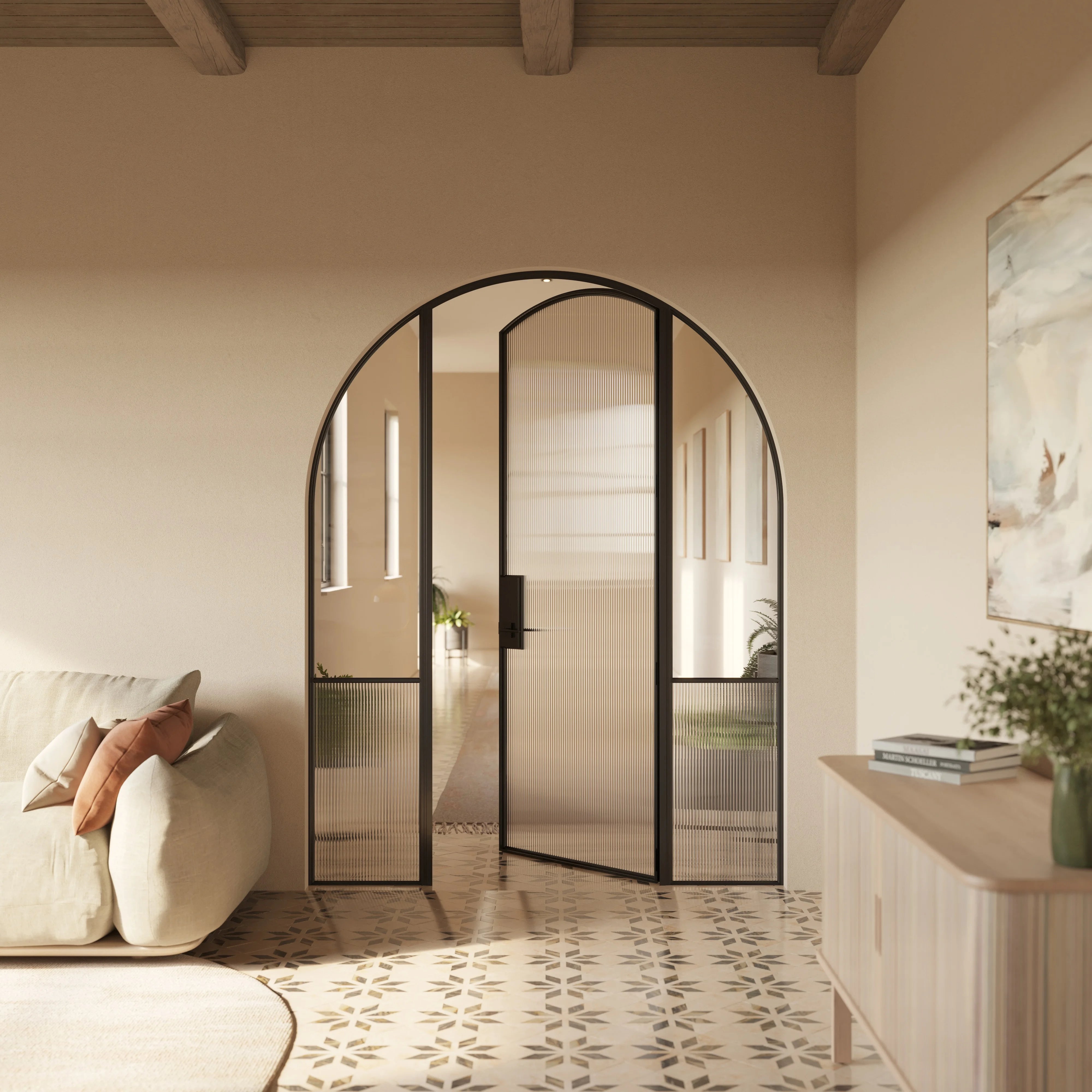 Contemporary interior full arch steel door with side windows, Air Grand OTTOSTUMM steel construction with narrow sightlines