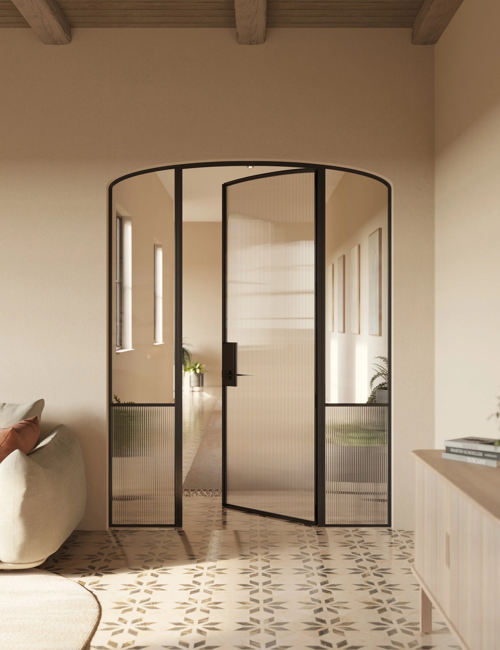 Contemporary interior mini arch steel door with side windows, Air Grand OTTOSTUMM steel with narrow sightlines