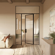 Contemporary Air Grand interior steel door with sidelights and flat top glass, OTTOSTUMM hot-rolled steel profiles and removable threshold