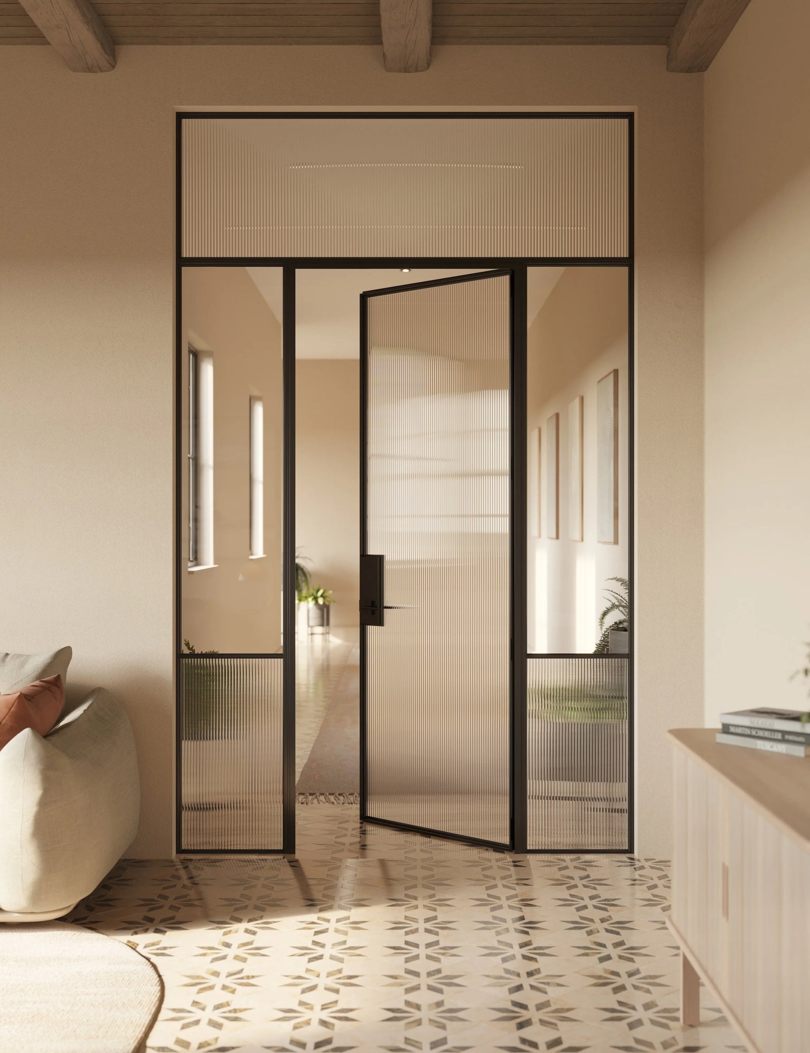 Contemporary Air Grand interior steel door with sidelights and flat top glass, OTTOSTUMM hot-rolled steel profiles and removable threshold