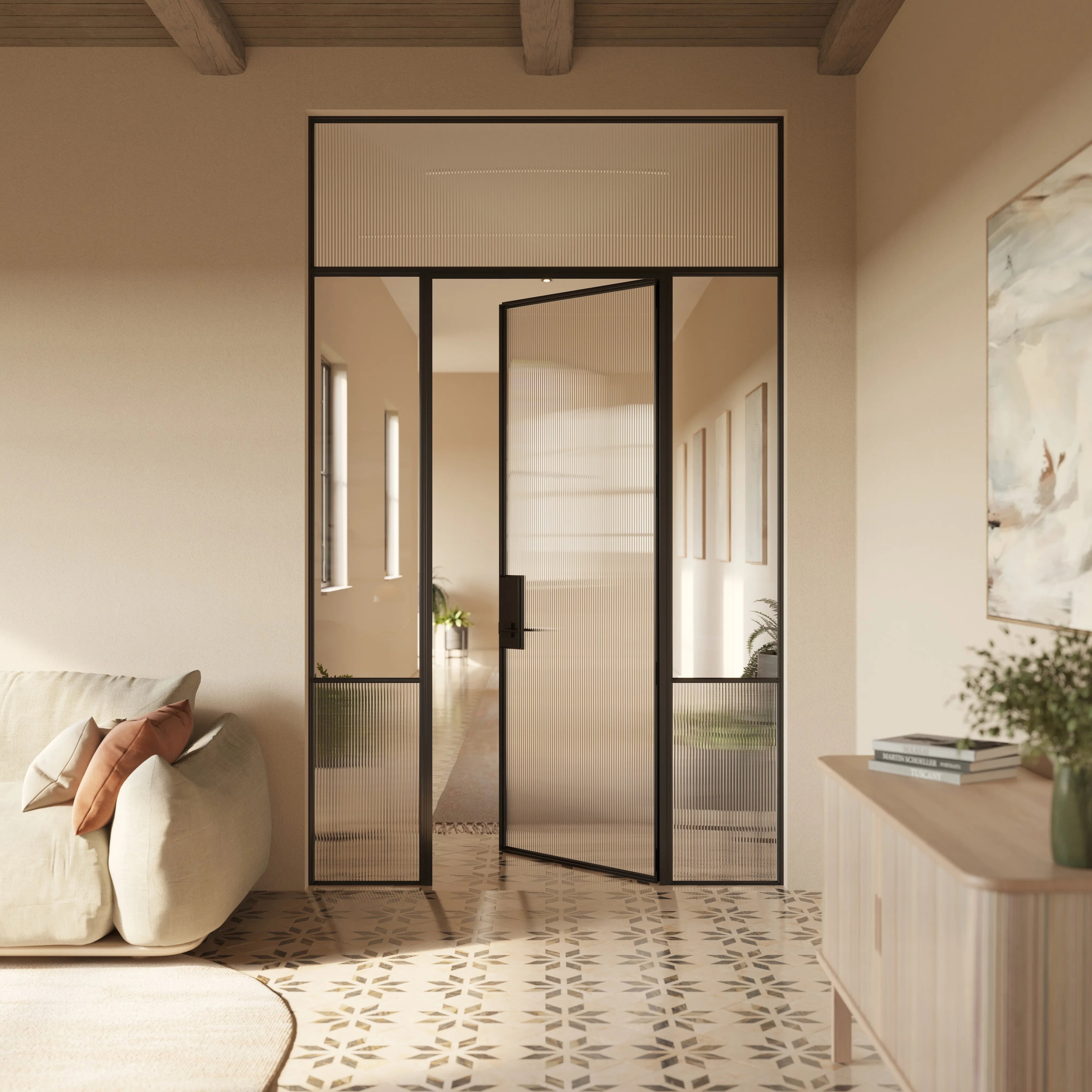 Contemporary Air Grand interior steel door with sidelights and flat top glass, OTTOSTUMM hot-rolled steel profiles and removable threshold