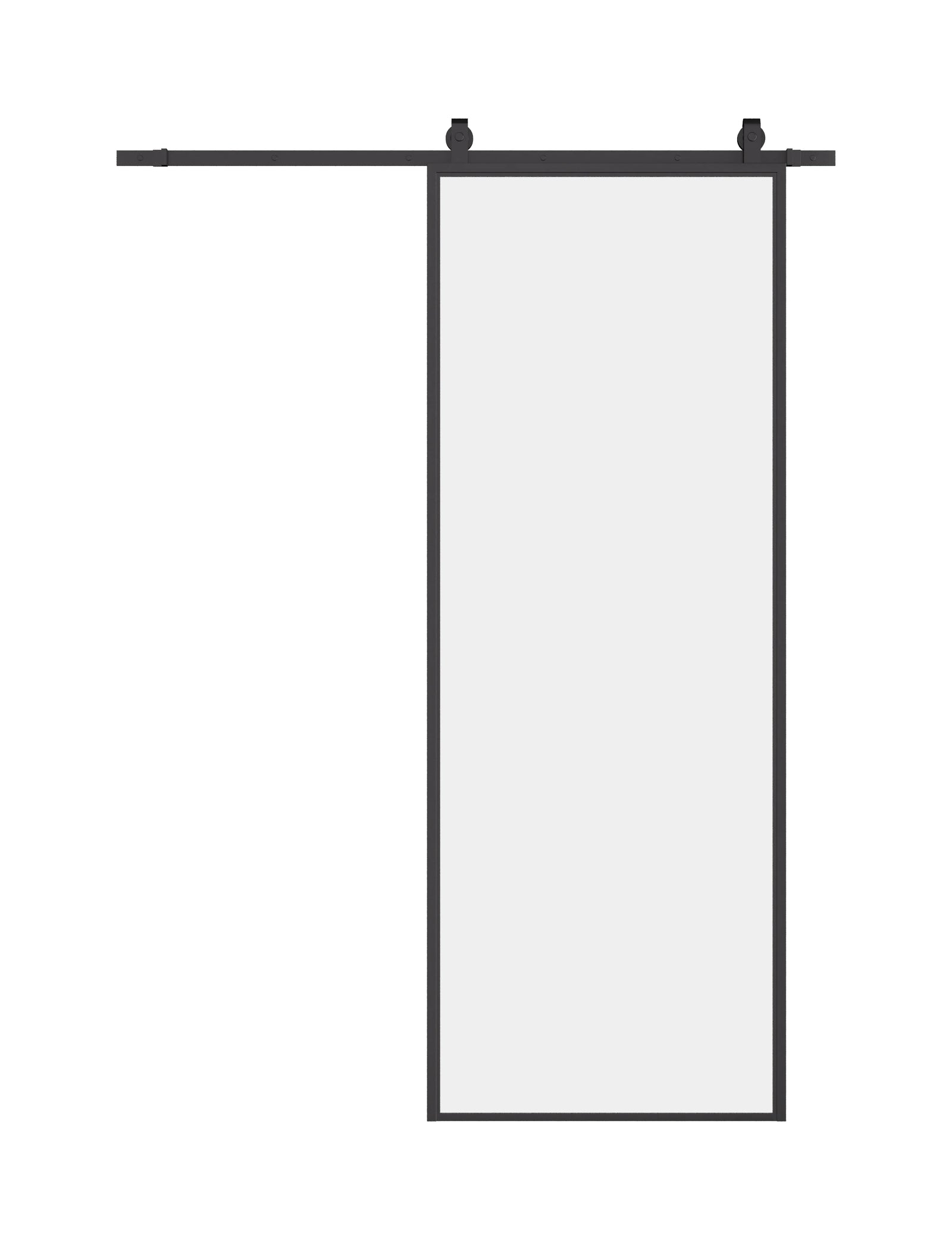 Air Lite interior barn door in cold-rolled steel with slim frame and clear tempered glass