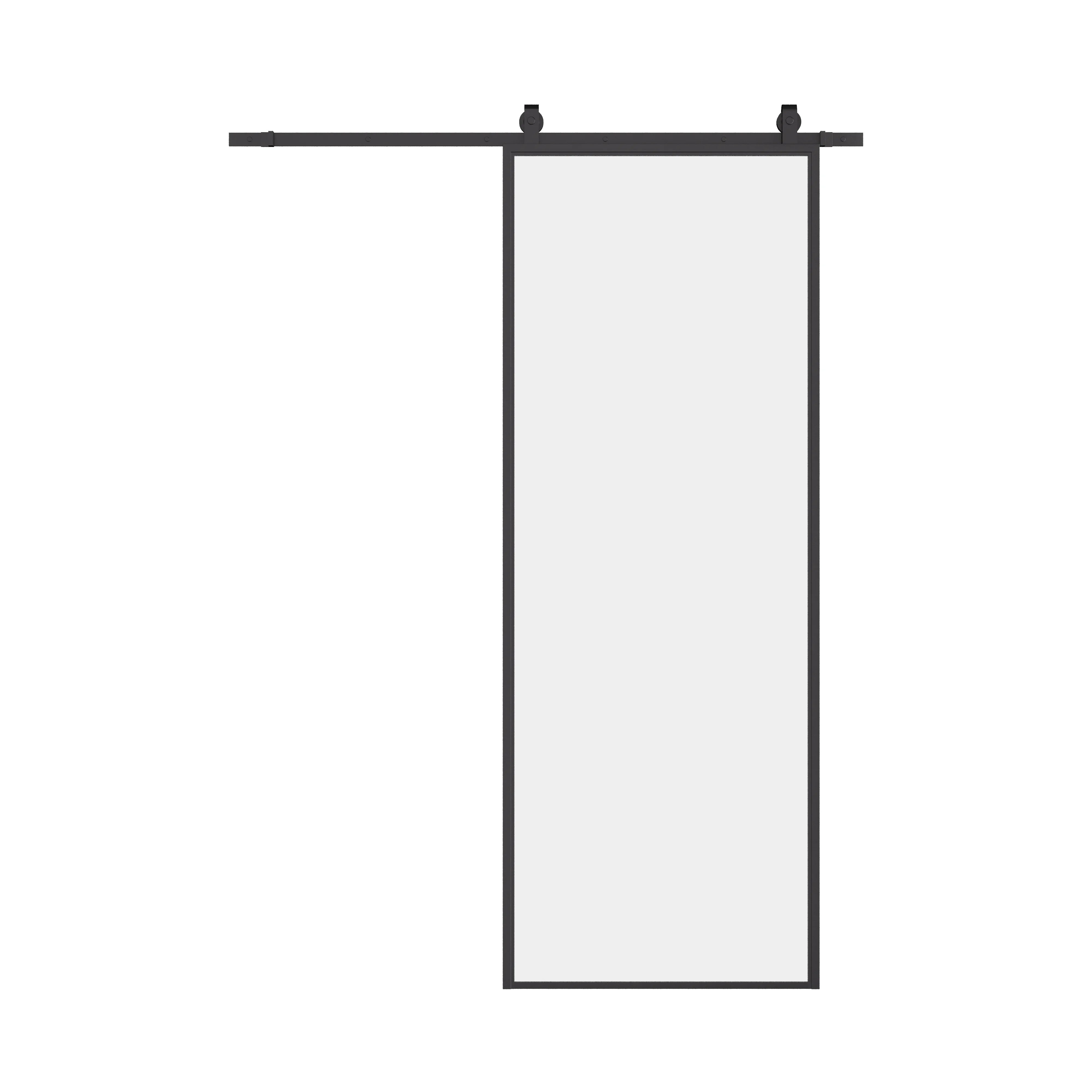 Air Lite interior barn door in cold-rolled steel with slim frame and clear tempered glass