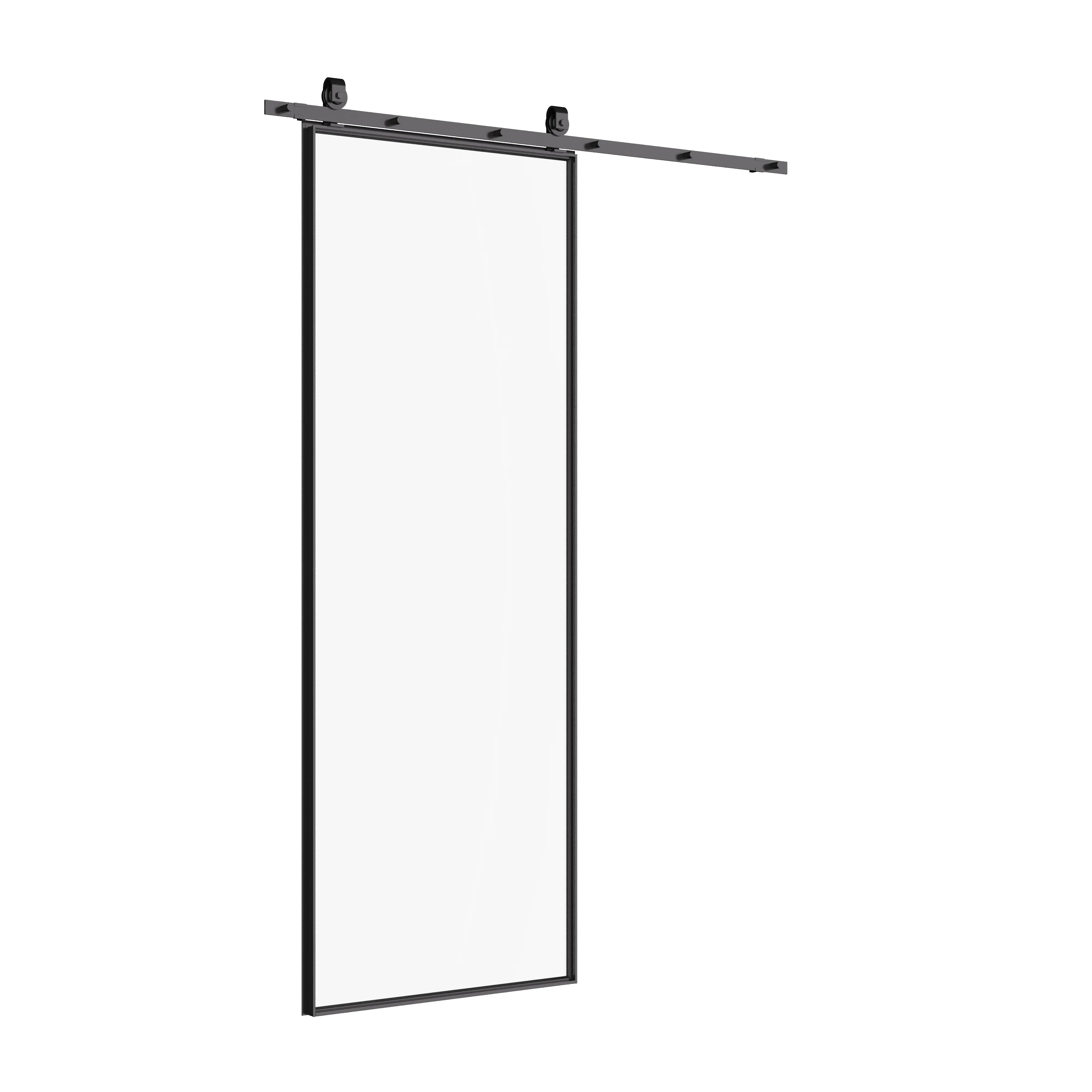 Air Lite sliding barn door featuring sleek steel frame and full-pane glass, clean architectural room divider