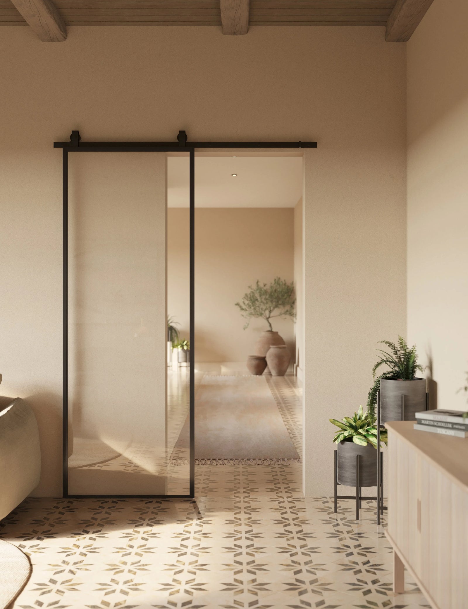 Interior Air Lite barn door with narrow sightlines and full glass panel, minimalist steel slider for contemporary interiors