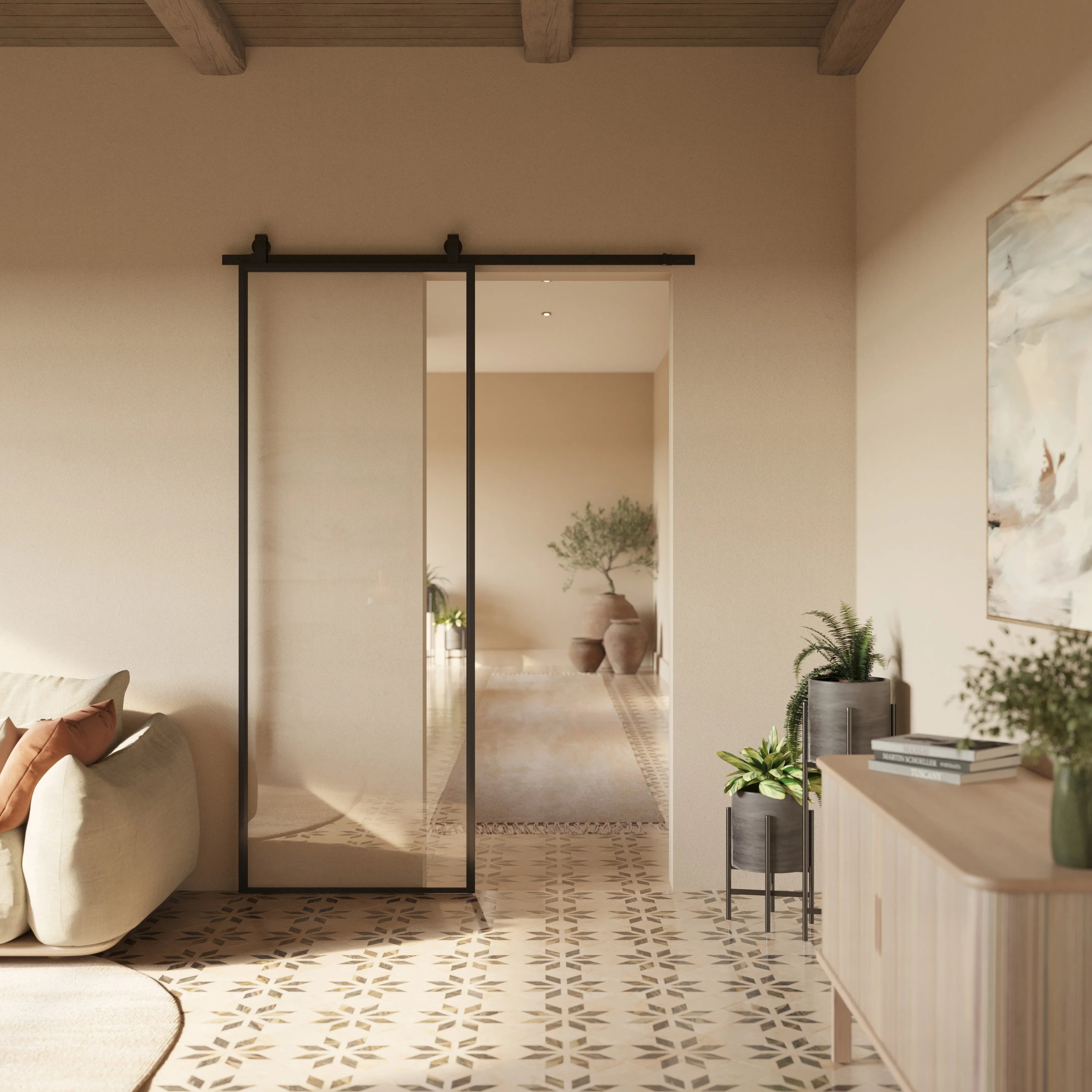 Interior Air Lite barn door with narrow sightlines and full glass panel, minimalist steel slider for contemporary interiors