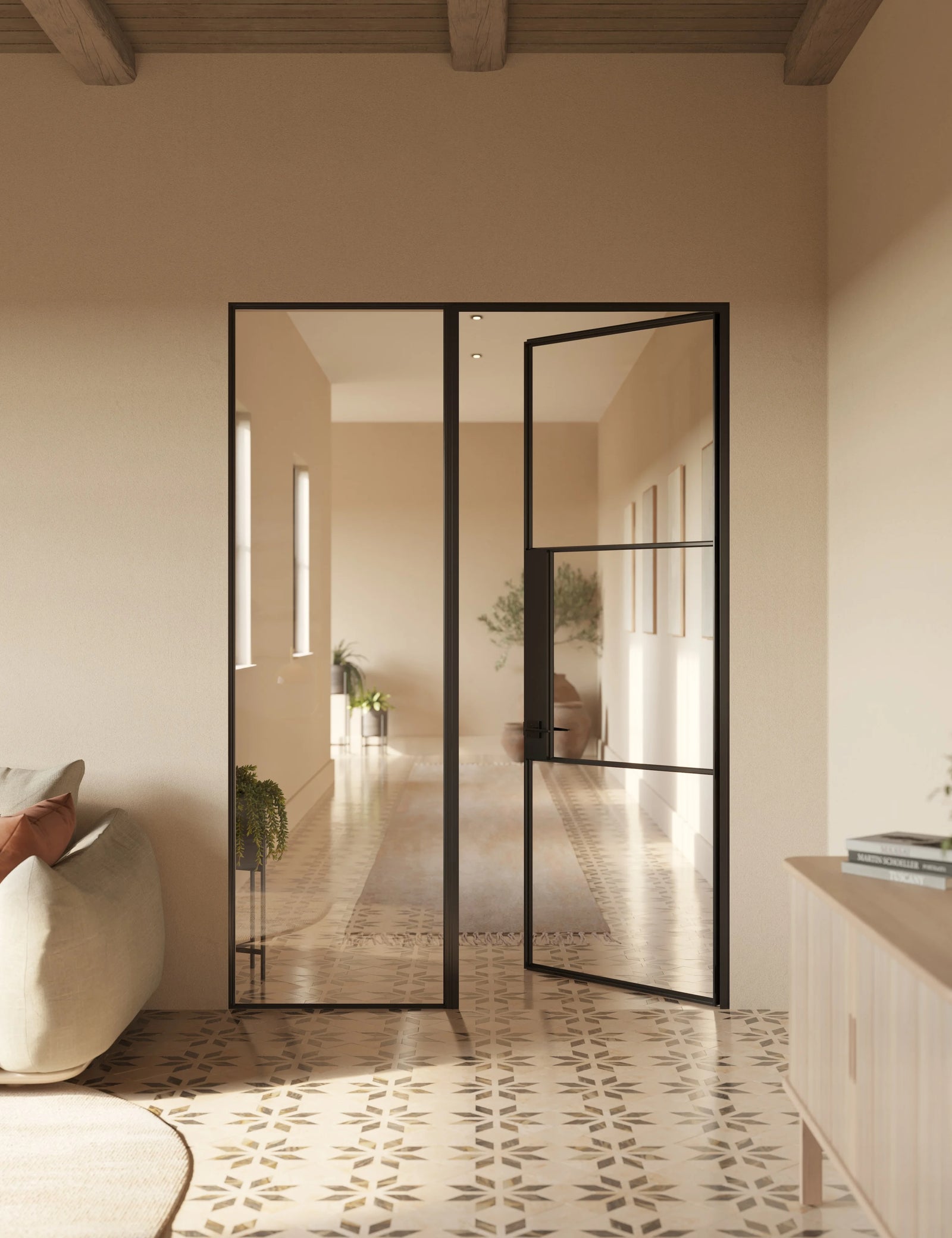 Interior steel sidelight window with narrow sightlines and minimalist frame