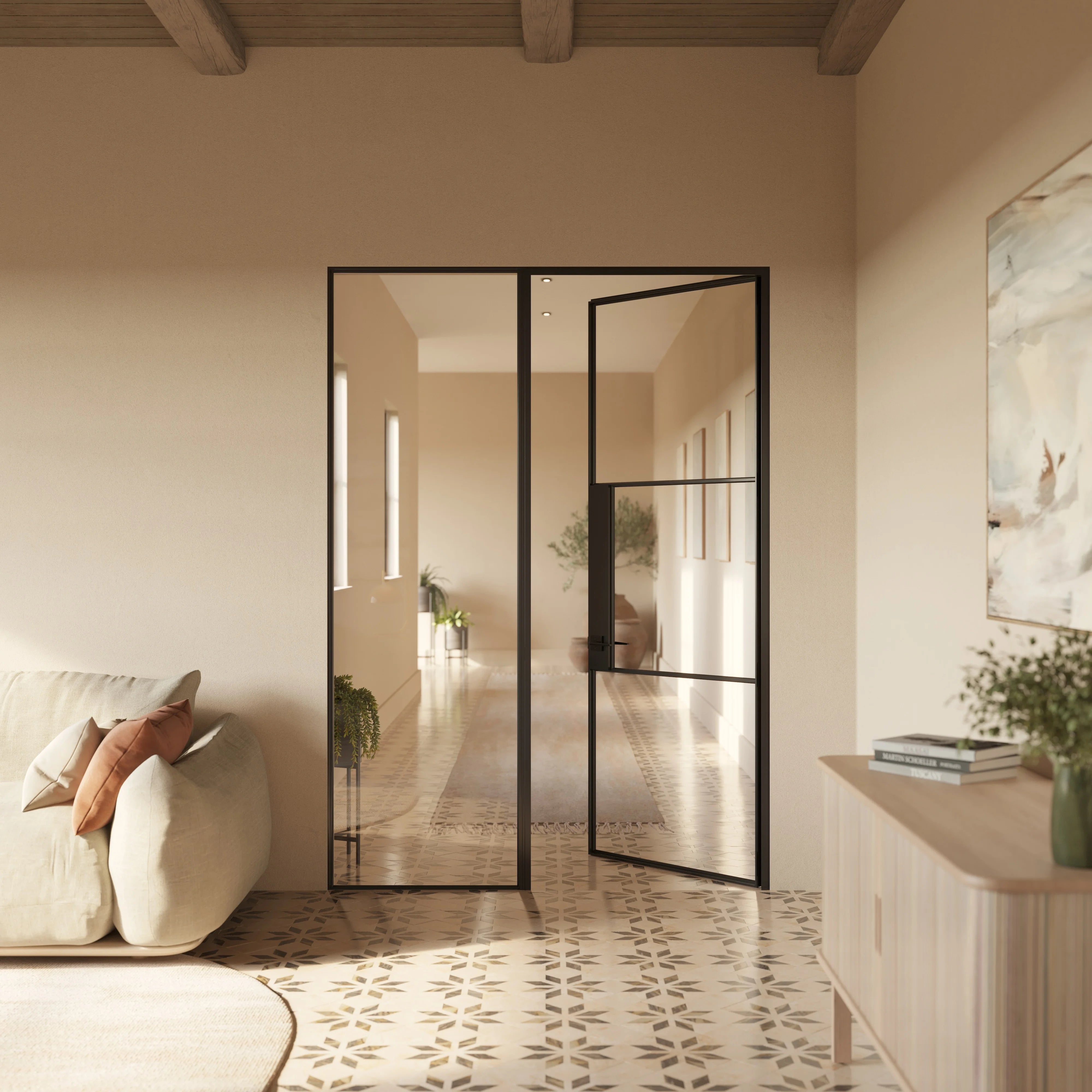 Interior steel sidelight window with narrow sightlines and minimalist frame