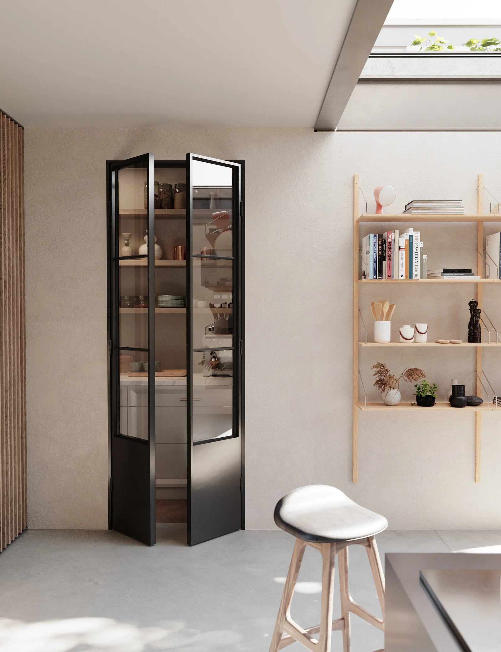 Air Pantry double flat glass pantry doors with kickplate in Angeles Green color