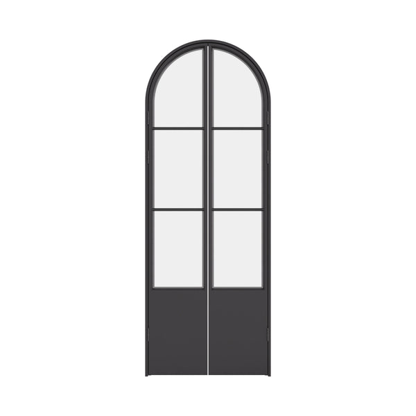 Air Pantry double full arch steel pantry doors with kickplate and curved glass design
