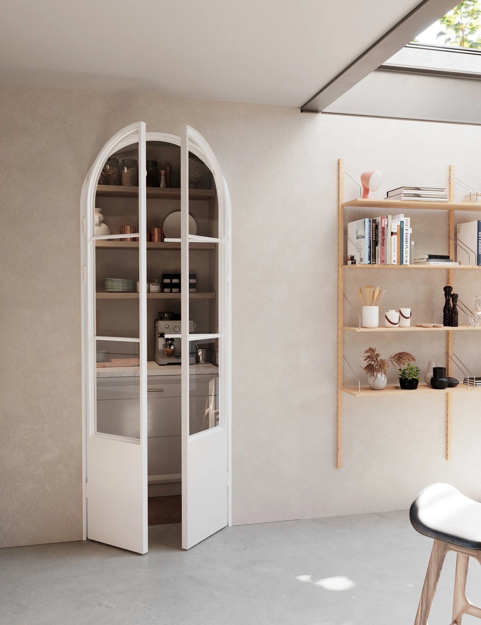 Air Pantry double full arch glass pantry doors with kickplate in White