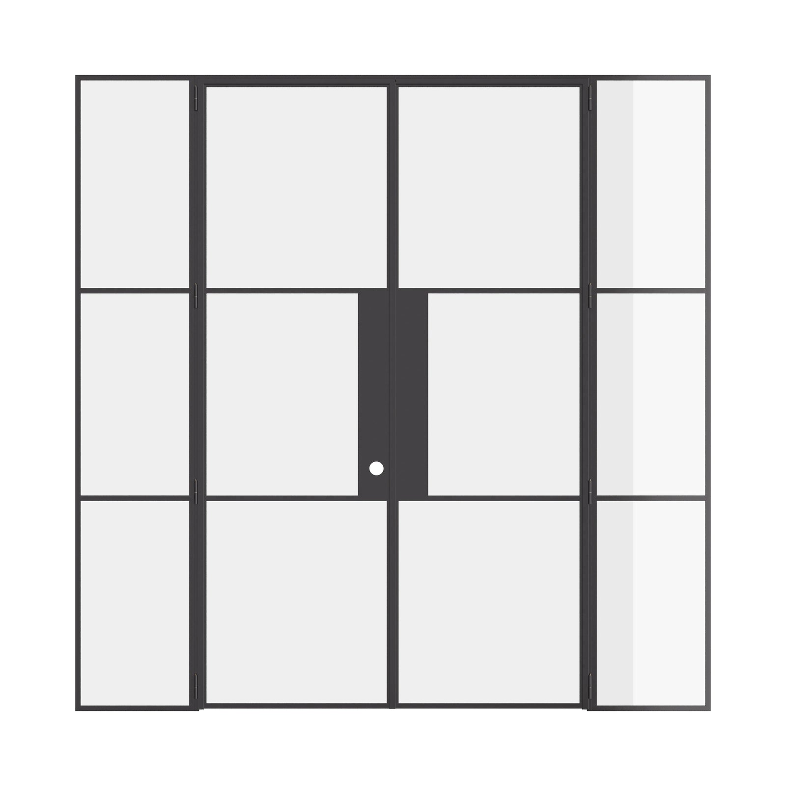 Air 4 double flat door set with flanking glass windows in strong steel frame