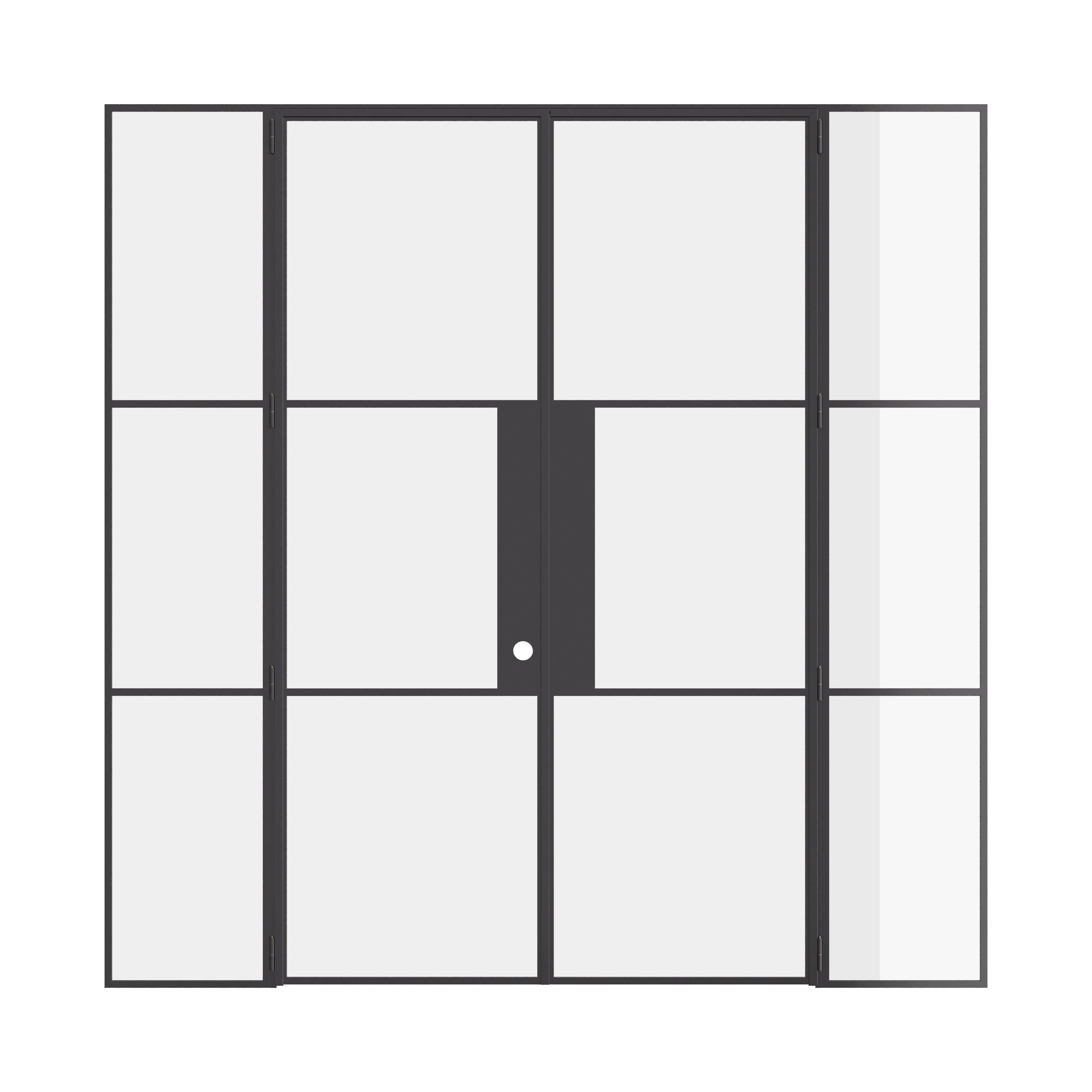 Air 4 double flat door set with flanking glass windows in strong steel frame