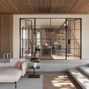 Air 5 dual single interior door system with middle fixed glass panel, modular steel design