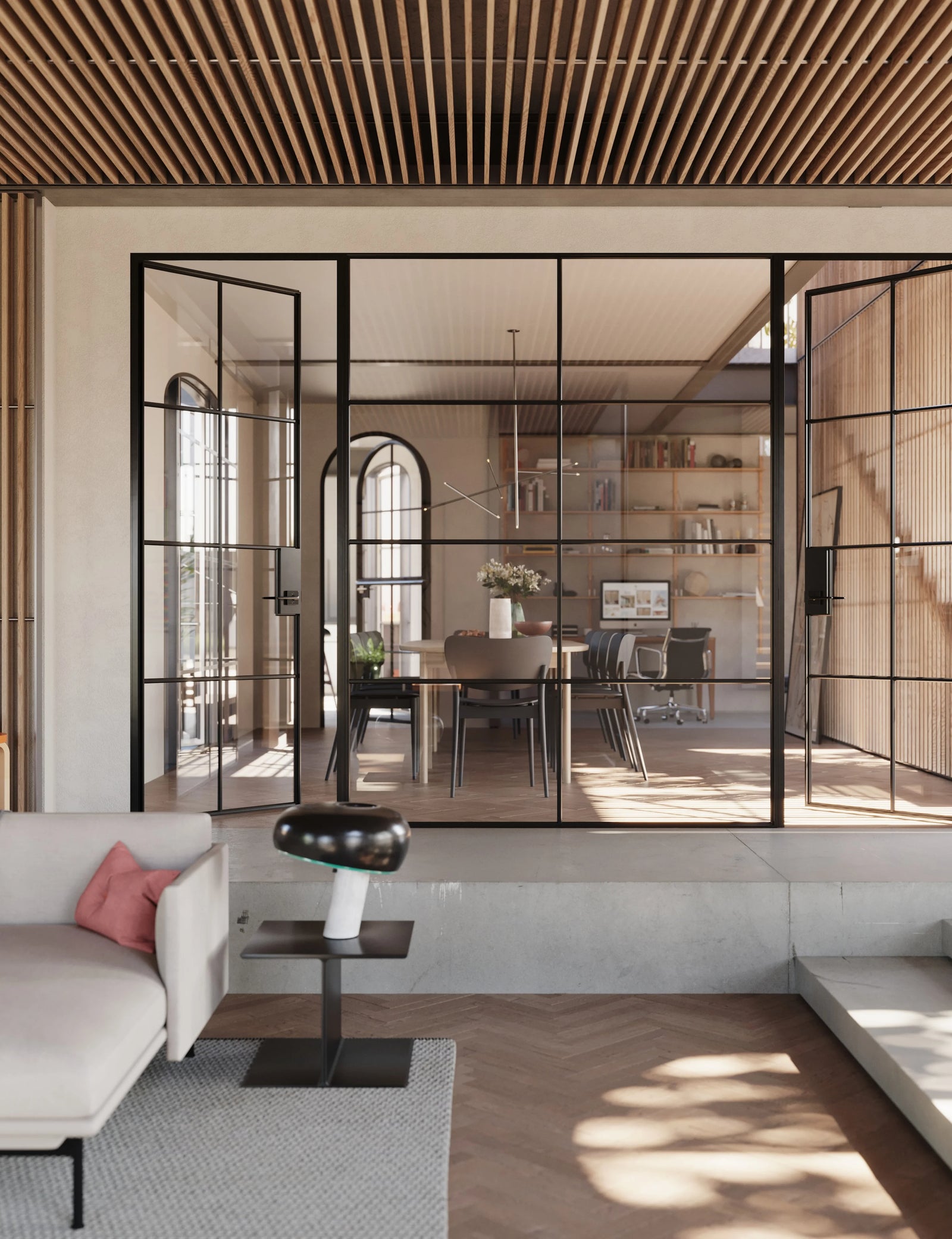 Air 5 dual single interior door system with middle fixed glass panel, modular steel design