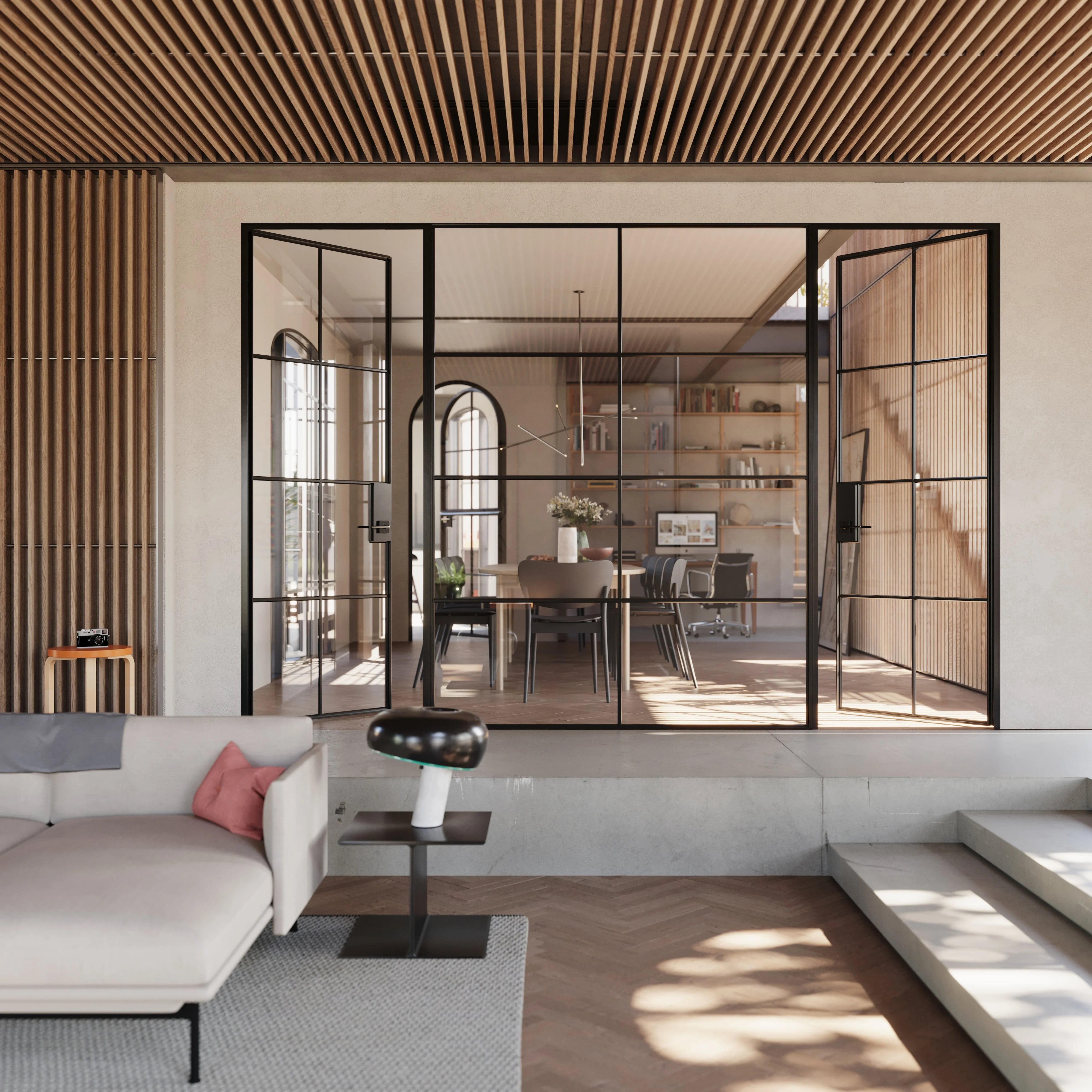Air 5 dual single interior door system with middle fixed glass panel, modular steel design