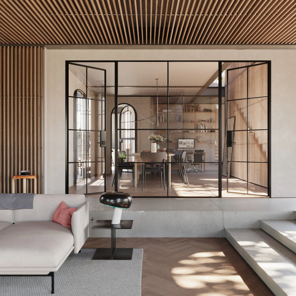 Air 5 dual single interior door system with middle fixed glass panel, modular steel design