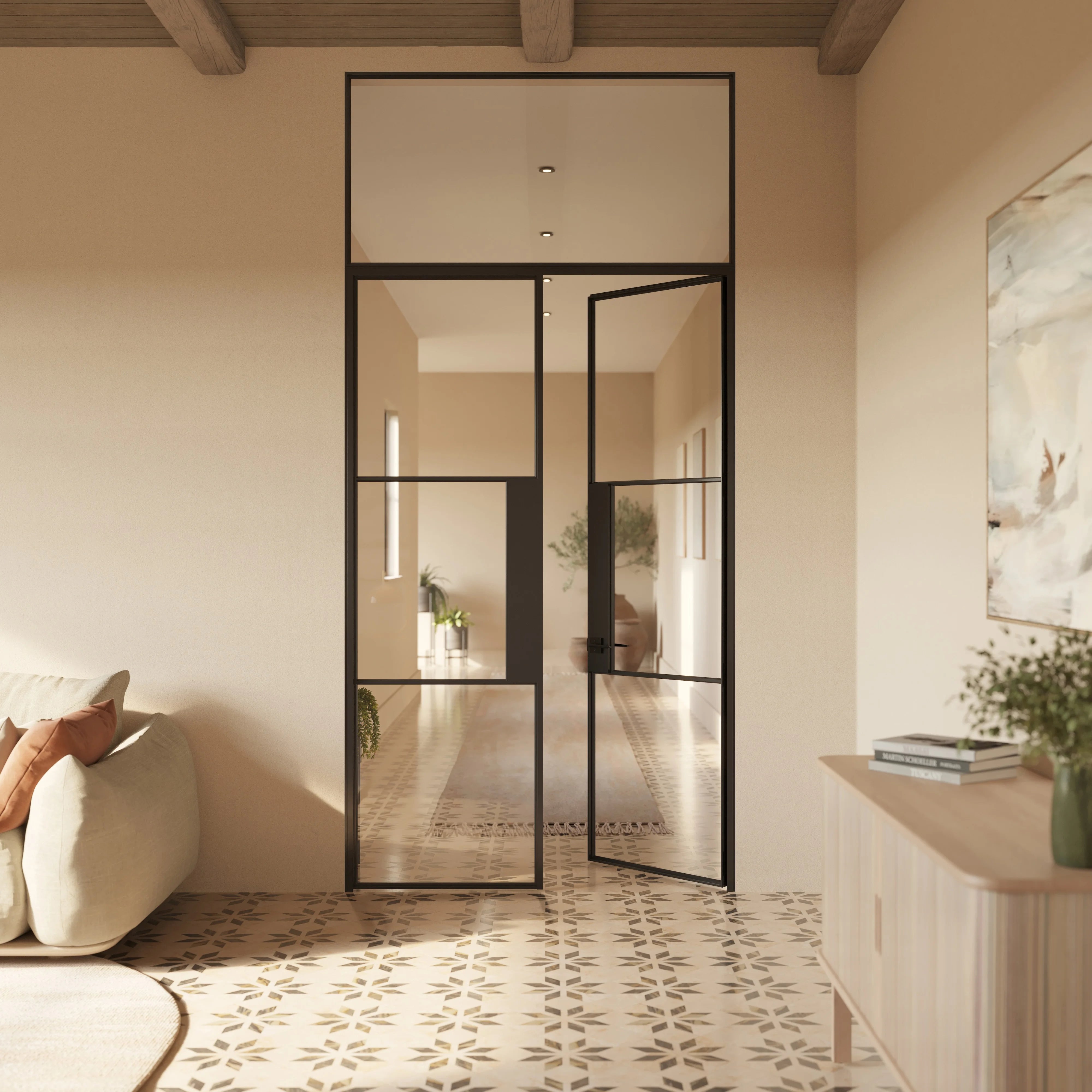 Flat top glass steel window insert, modular hot-rolled steel and slim profile