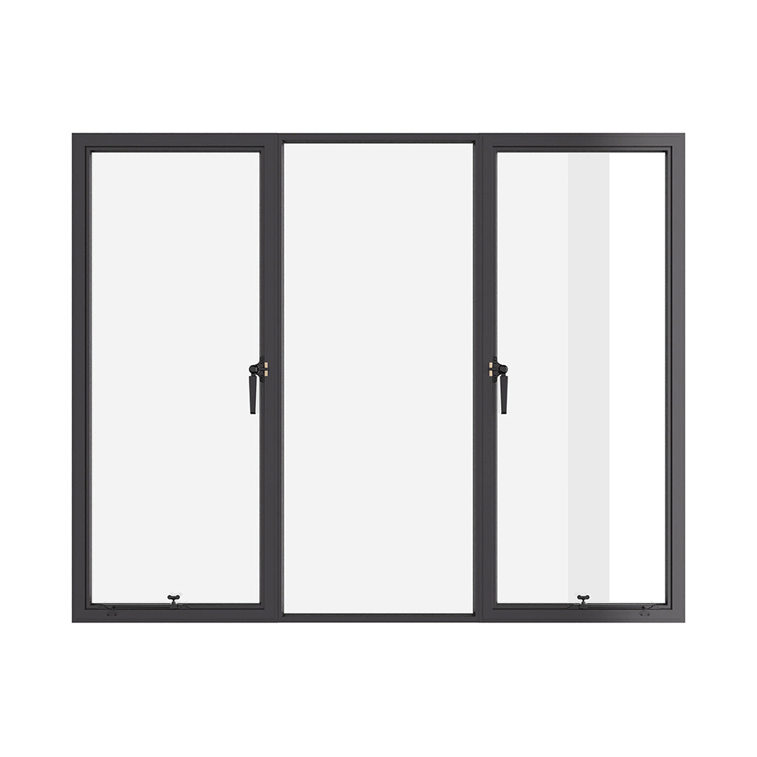 Thermally broken dual single casement steel window, square, cold-rolled steel, black finish, Low-E glass