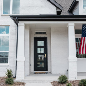 Exterior shot of PINKYS Air 19 single flat iron door with 3 horizontal bars running throughout the design