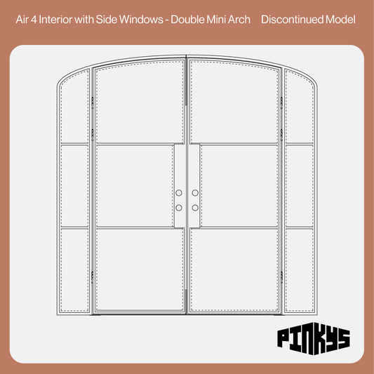 Technical drawing of a double mini arch window with side windows on a white background, featuring the Pinkys brand.