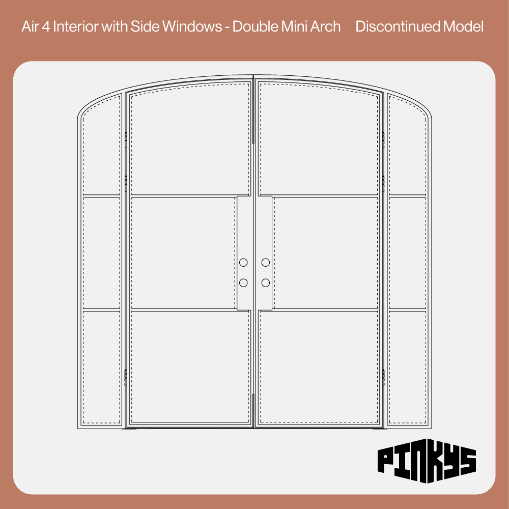 Technical drawing of a double mini arch window with side windows on a white background, featuring the Pinkys brand.