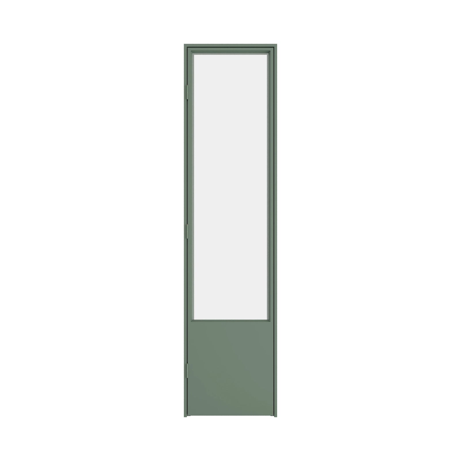 Interior steel pantry door with clear glass and architectural steel grid pattern