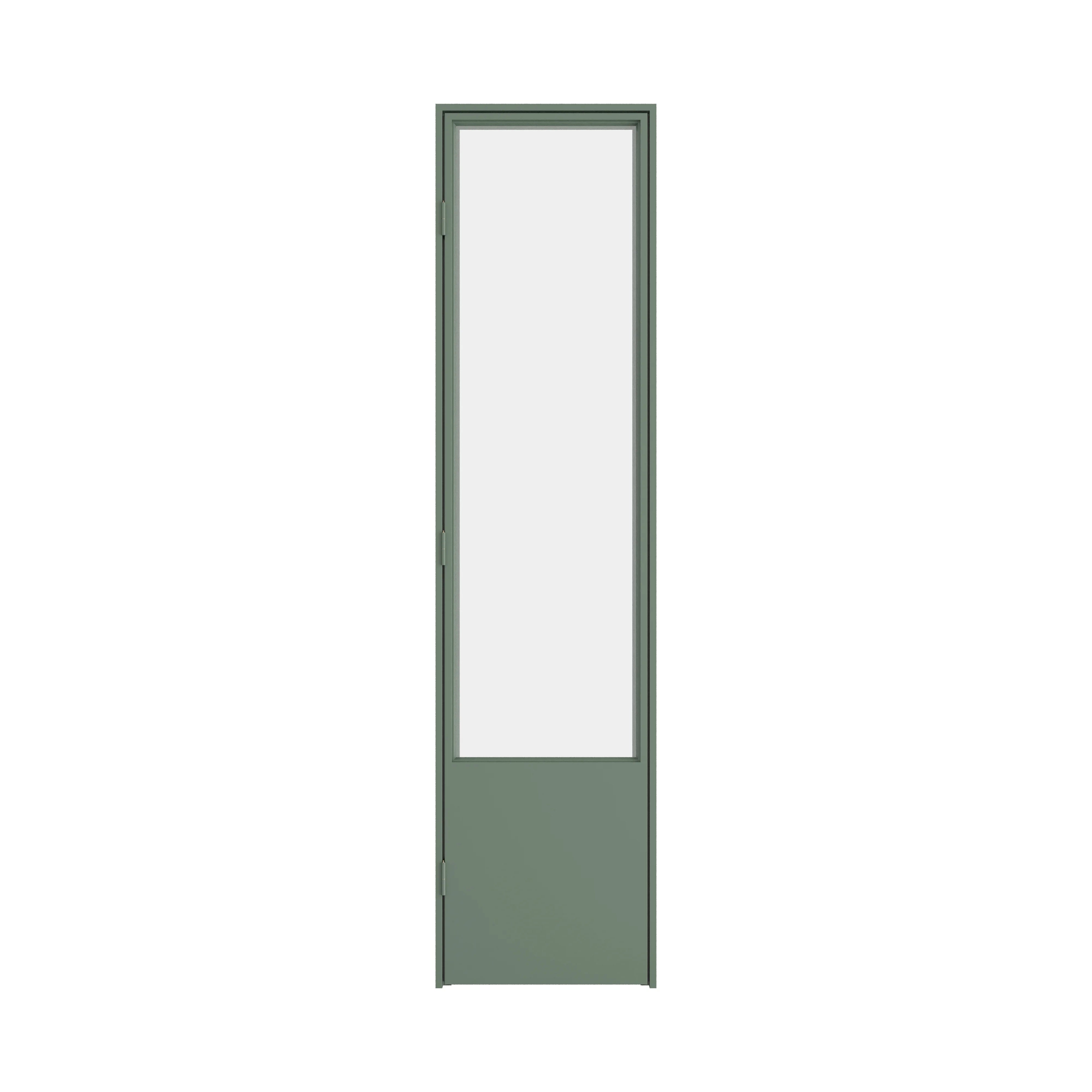 Interior steel pantry door with clear glass and architectural steel grid pattern