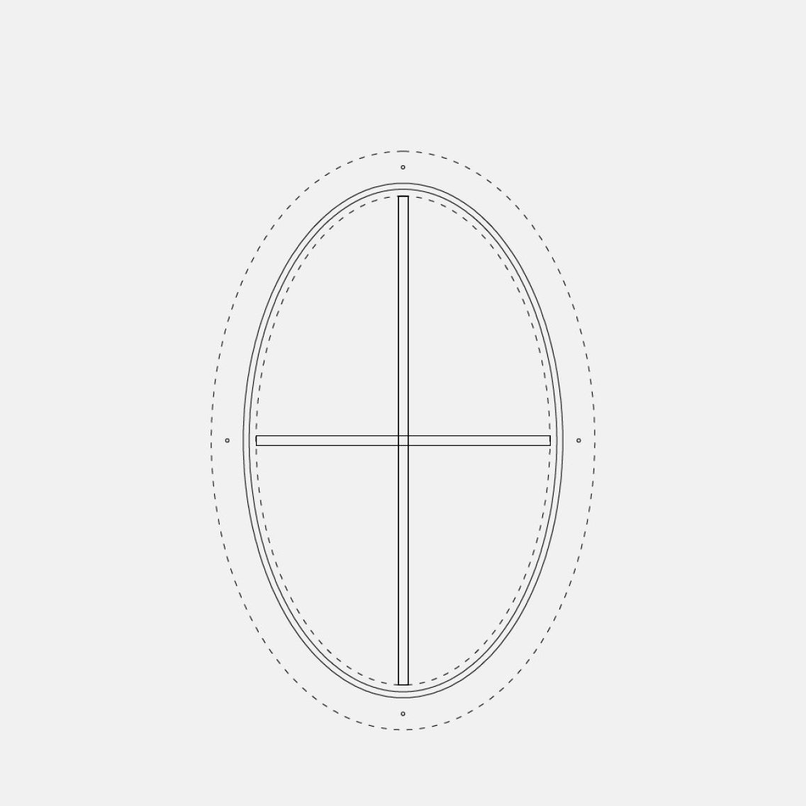 oval steel window with thermal break and cross grid pattern