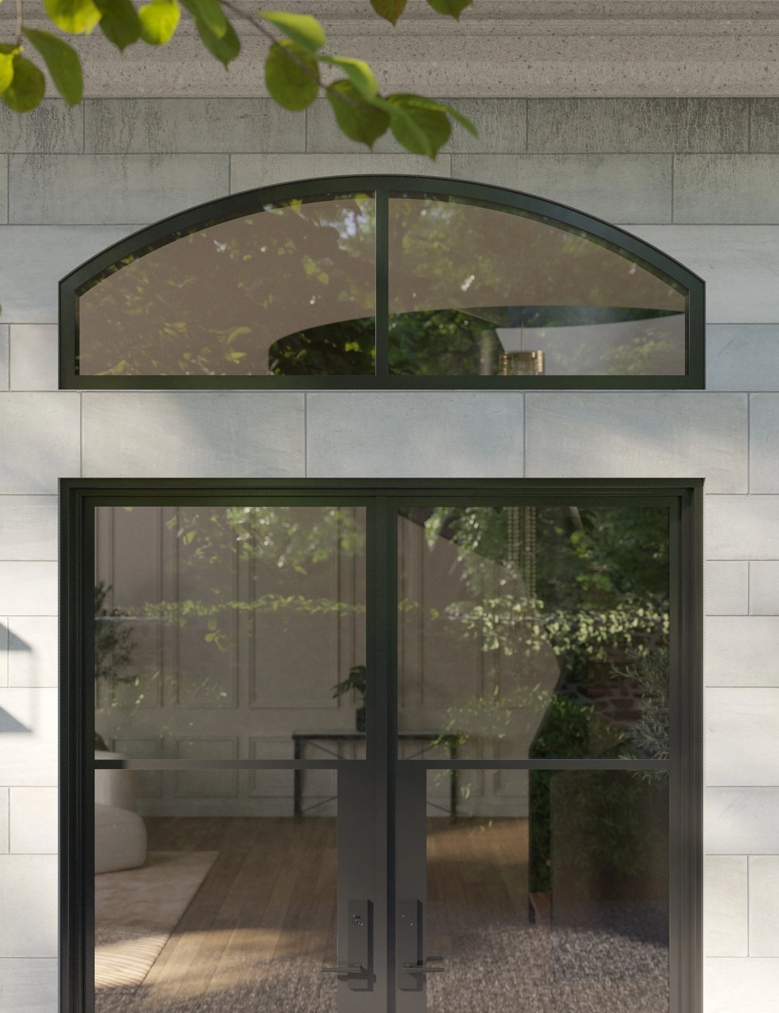 Air 4 arched transom window with slim steel profile for exterior entryways