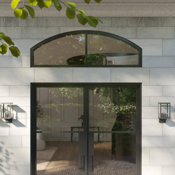 Thermally broken steel entry door with curved top transom