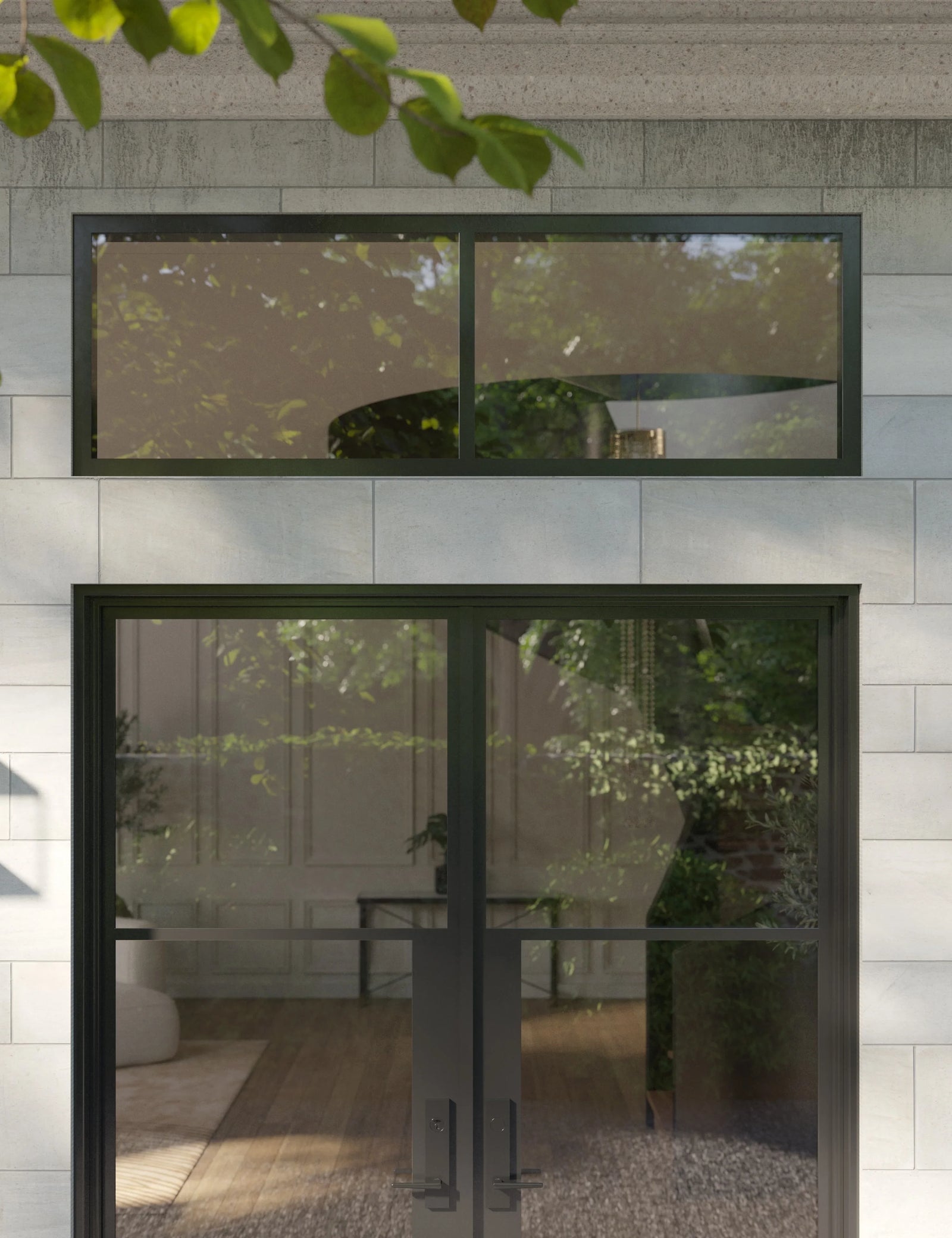 insulated modern steel entry door with rectangular transom glass