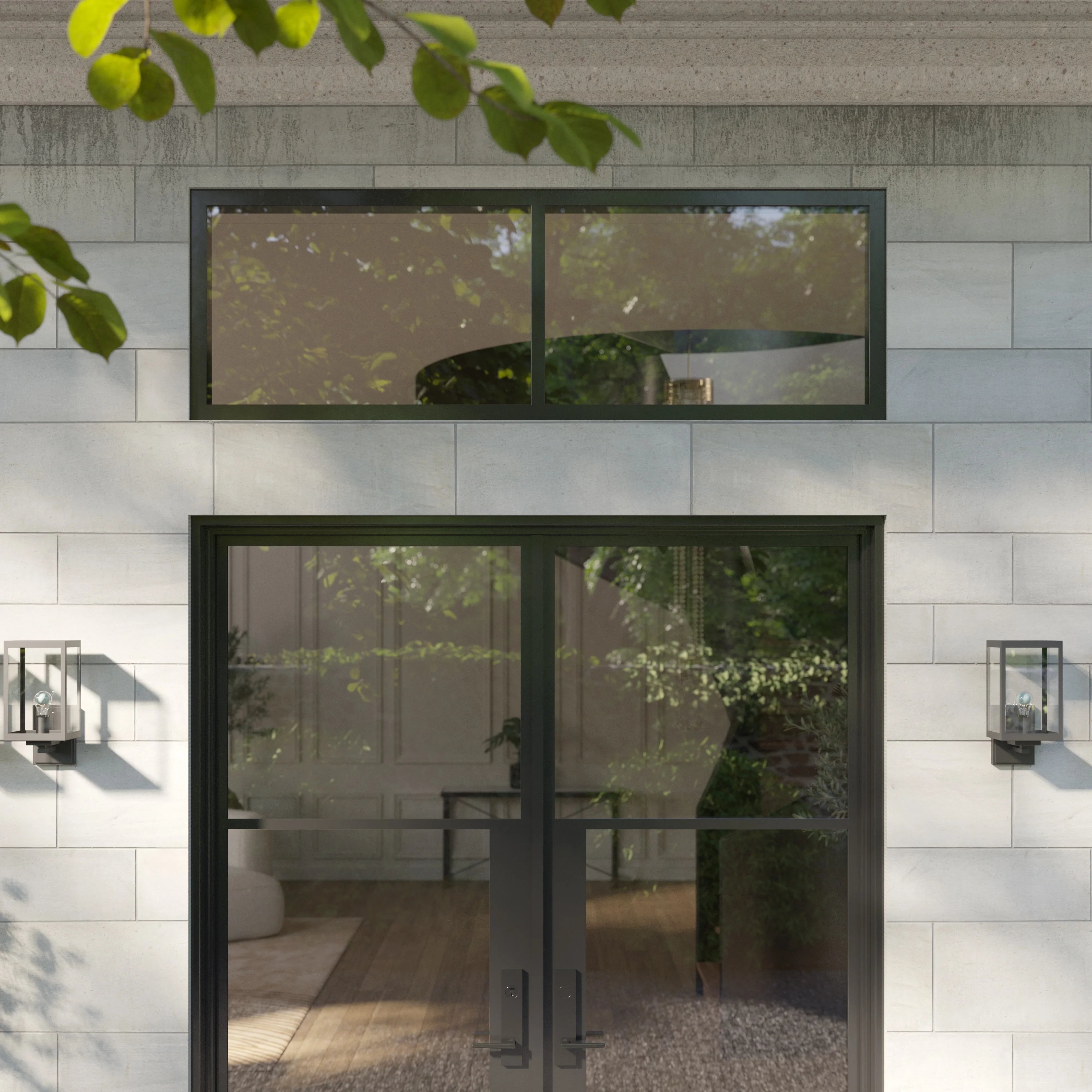 insulated modern steel entry door with rectangular transom glass