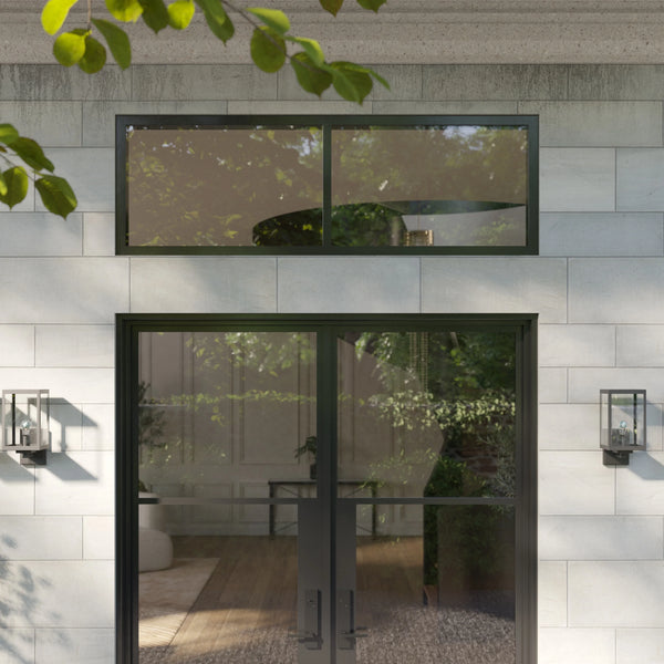 insulated modern steel entry door with rectangular transom glass