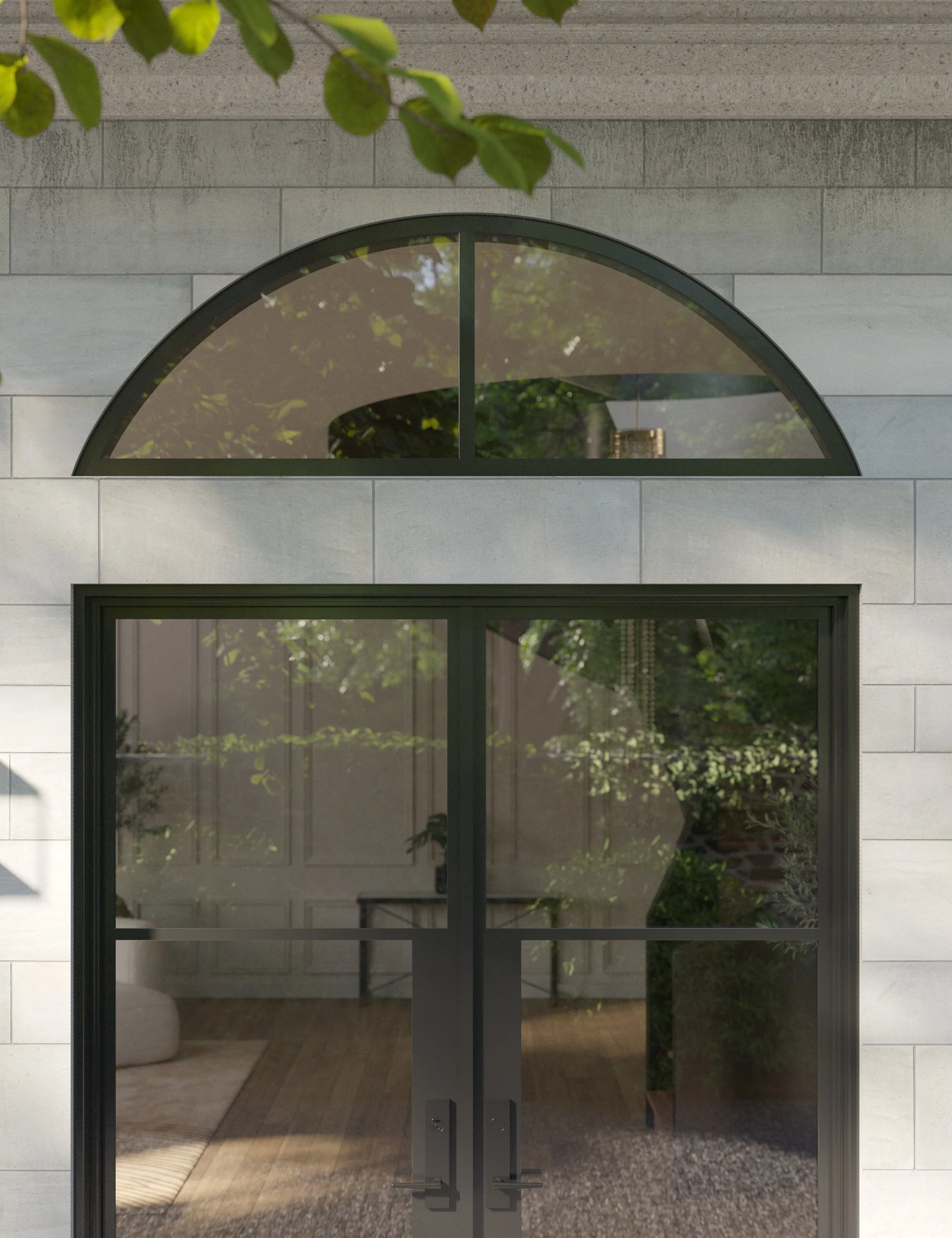 Air 4 exterior steel door with full arch transom window and sleek black frame