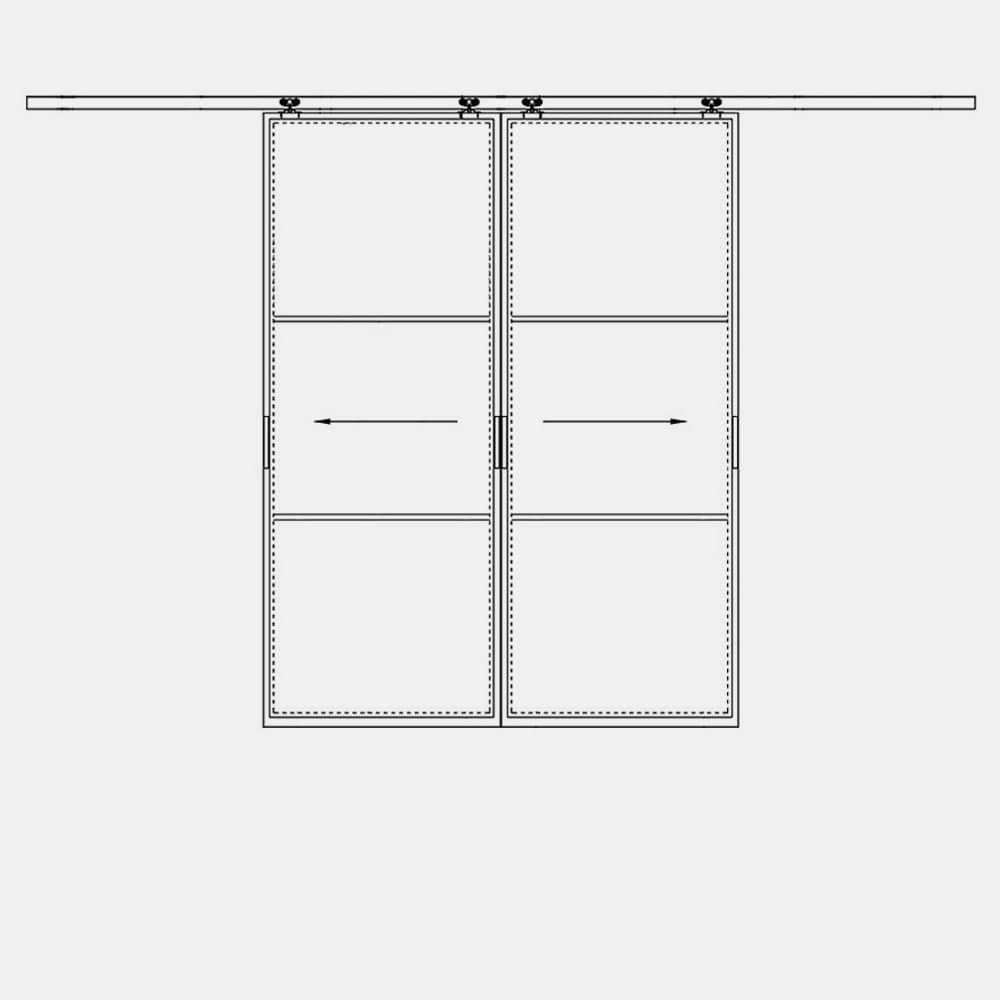 Double Flat Top Track Sliding steel door (Barn door) with 3 glass panes on each door - PINKYS