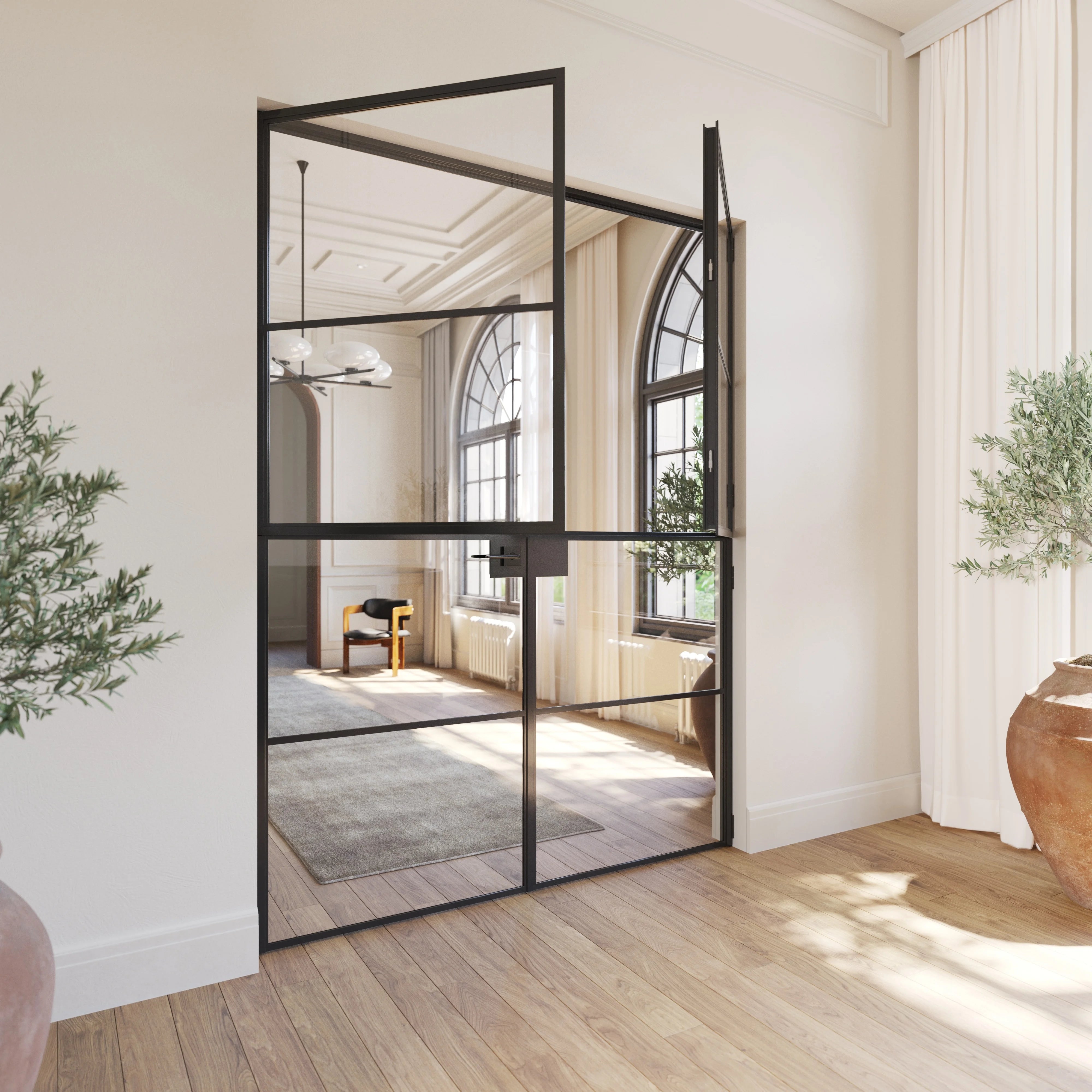 Air 4 Dutch style double doors crafted from architectural steel with tempered glass panes
