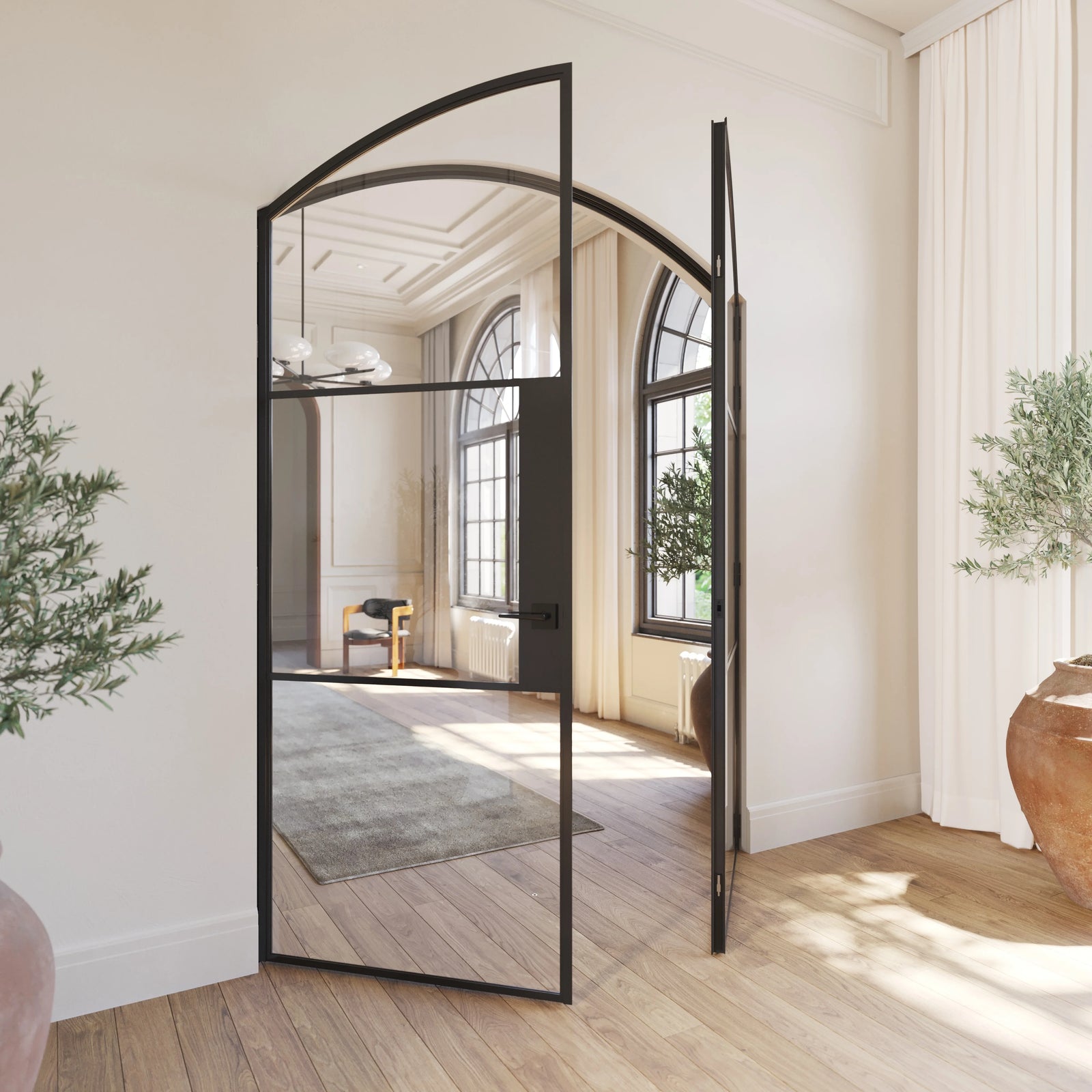 Air 4 arched top double doors featuring slim profiles and clear glass panels