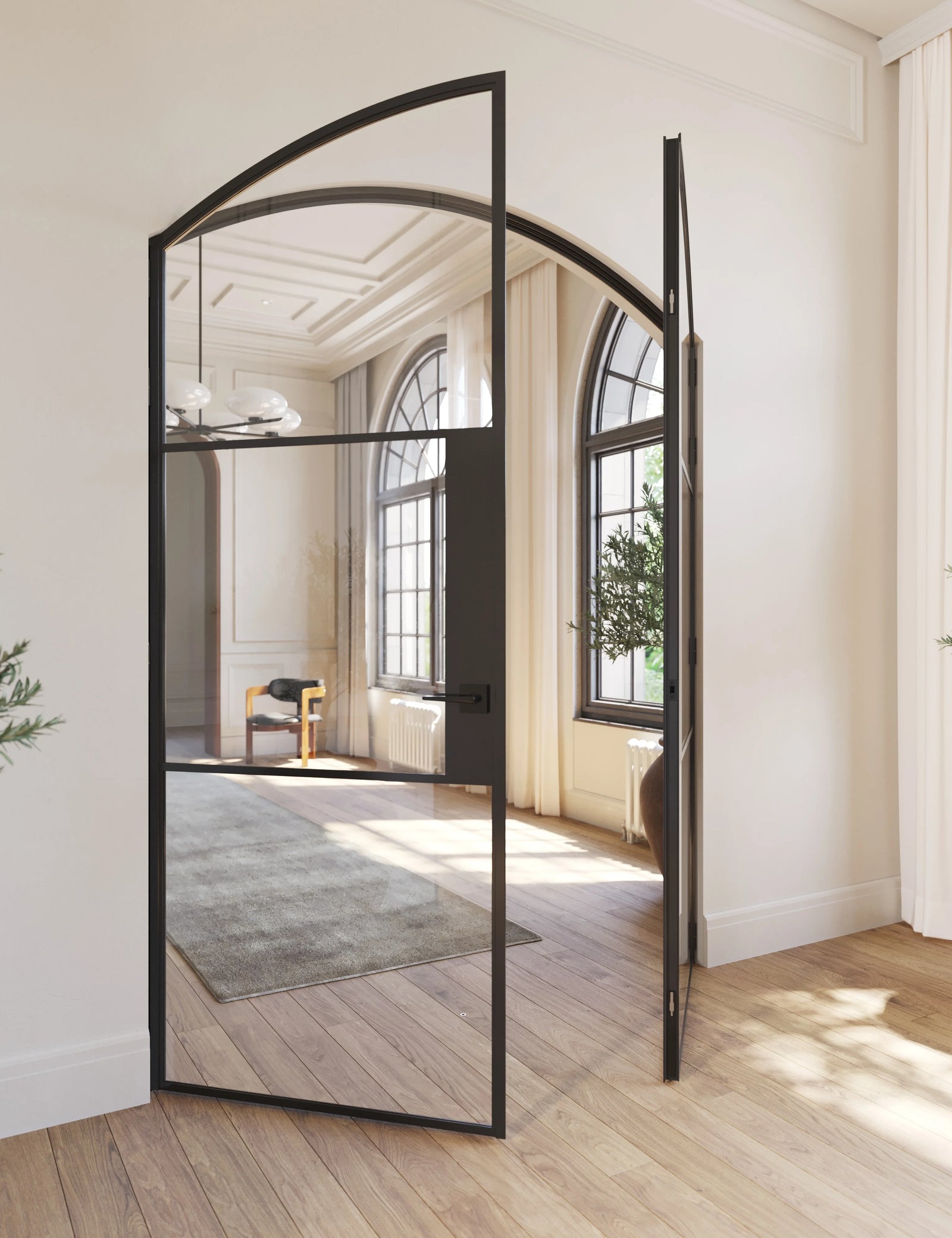 Air 4 arched top double doors featuring slim profiles and clear glass panels