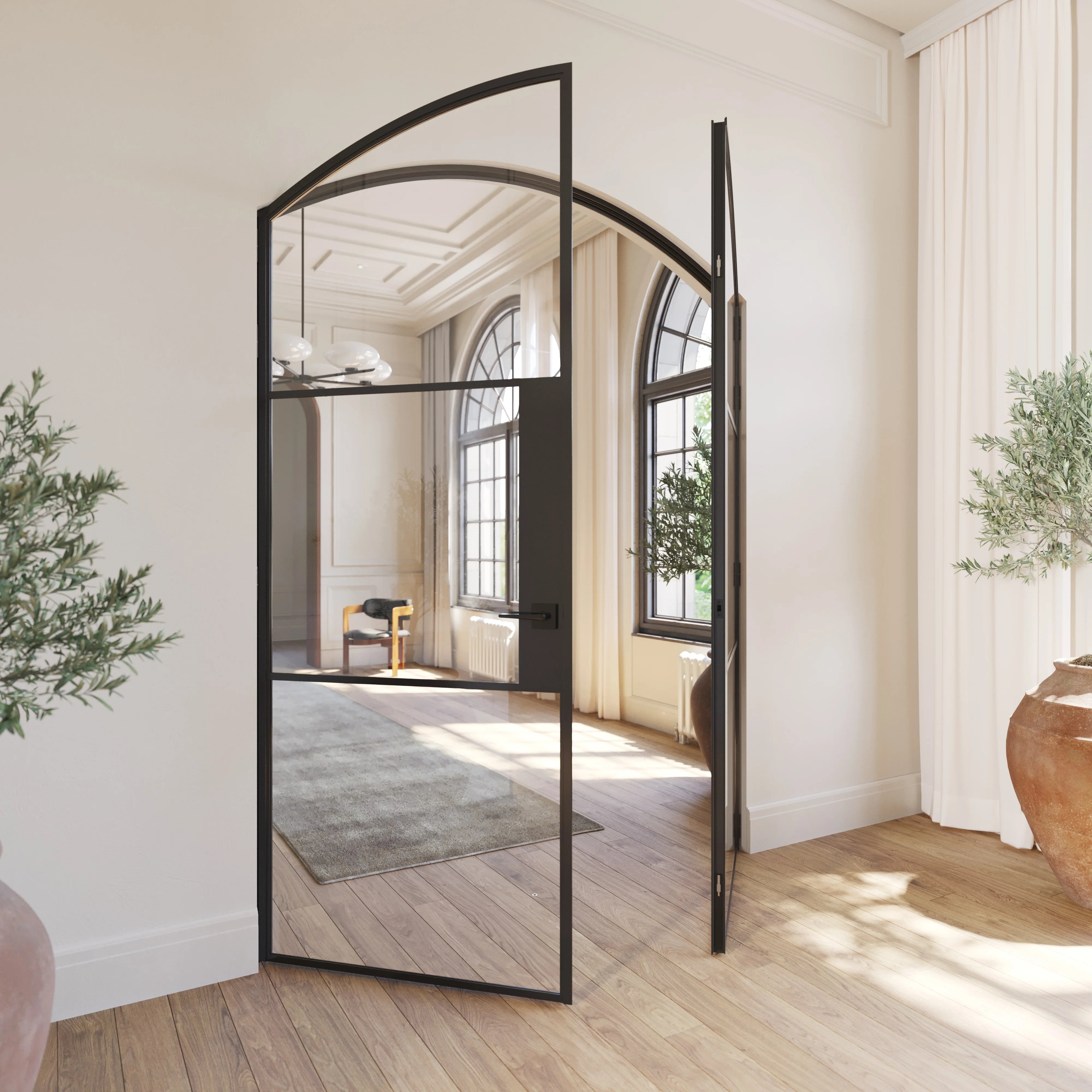 Air 4 arched top double doors featuring slim profiles and clear glass panels