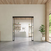 Air 4 double pocket sliding door system with modern grid pattern
