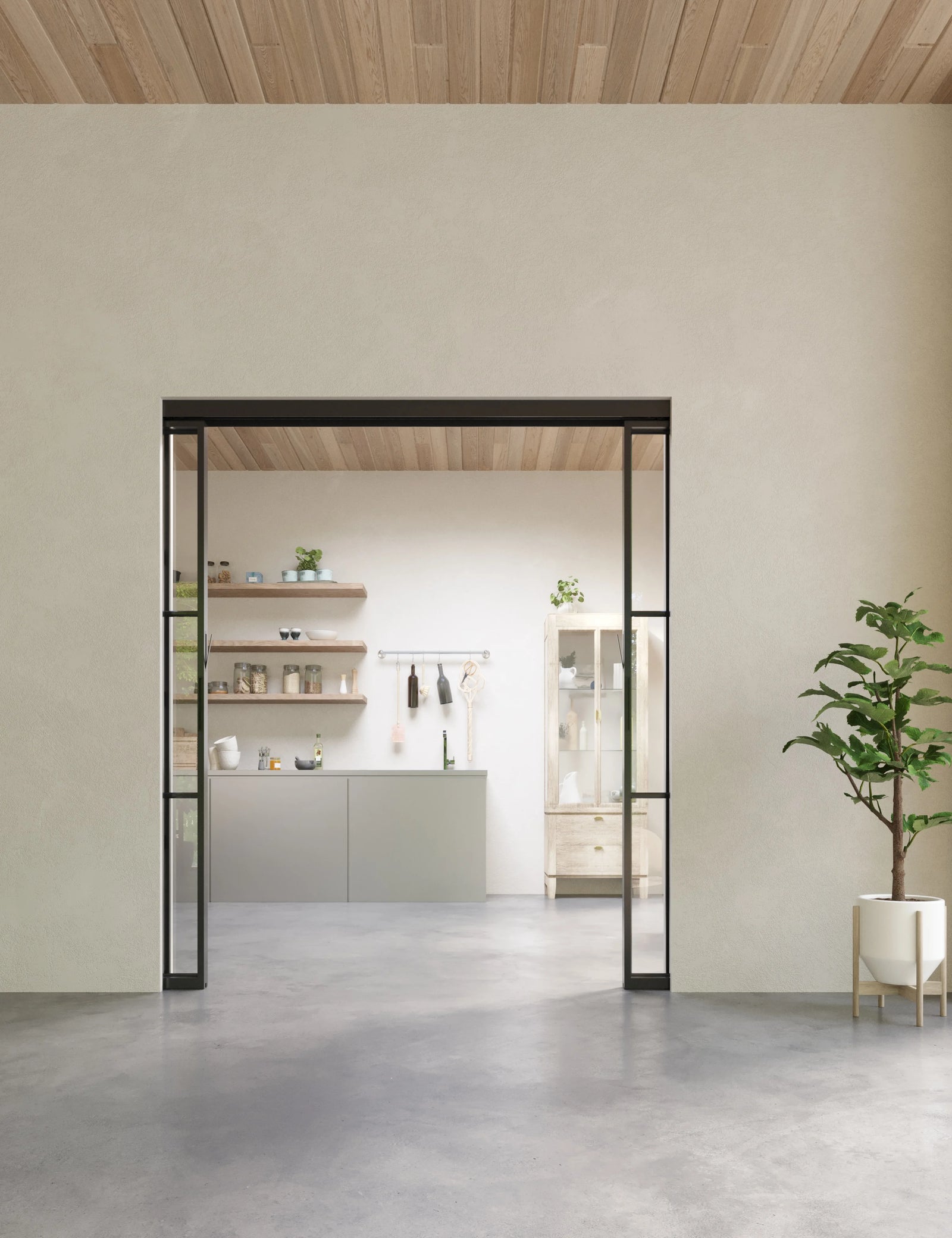 Air 4 double pocket sliding door system with modern grid pattern