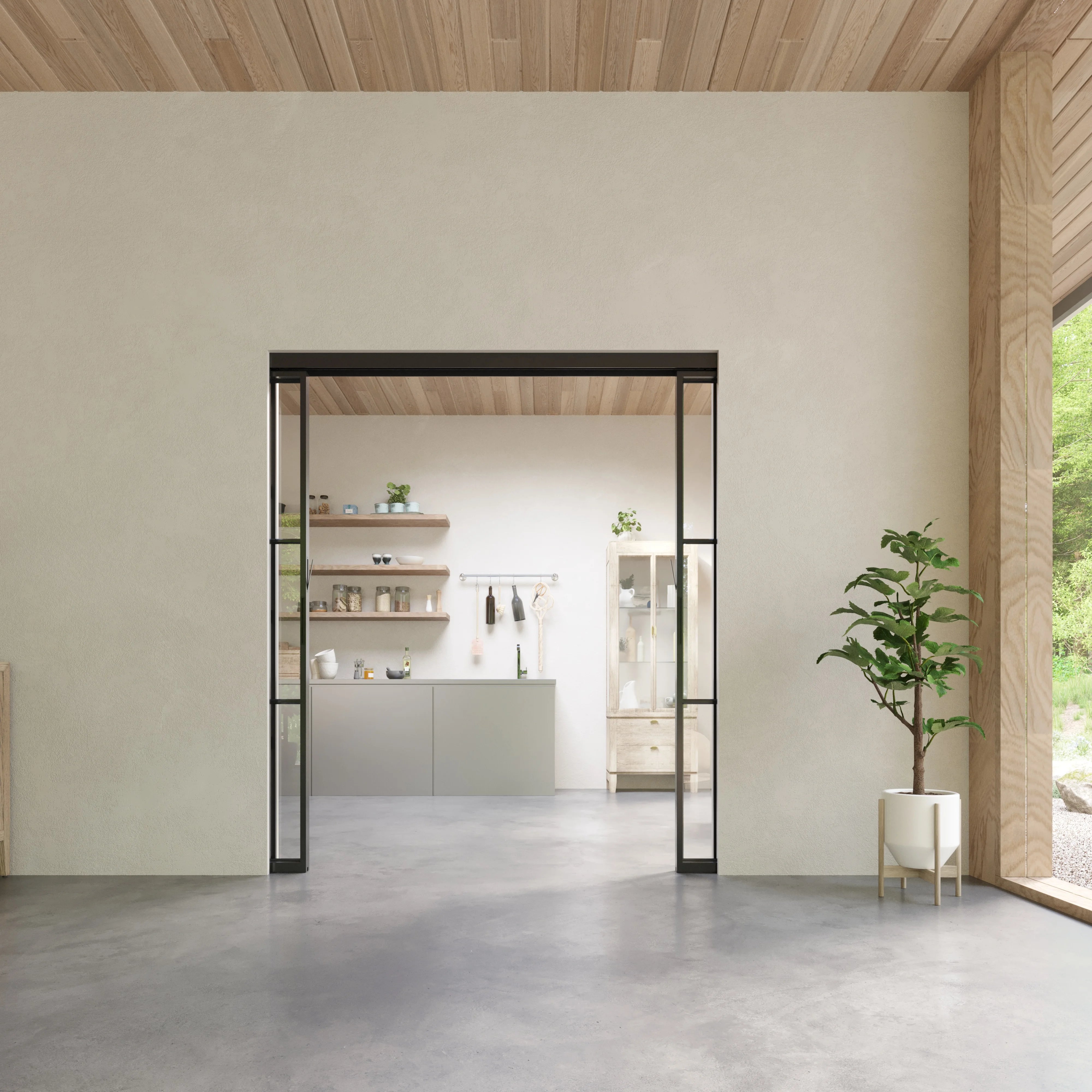Air 4 double pocket sliding door system with modern grid pattern