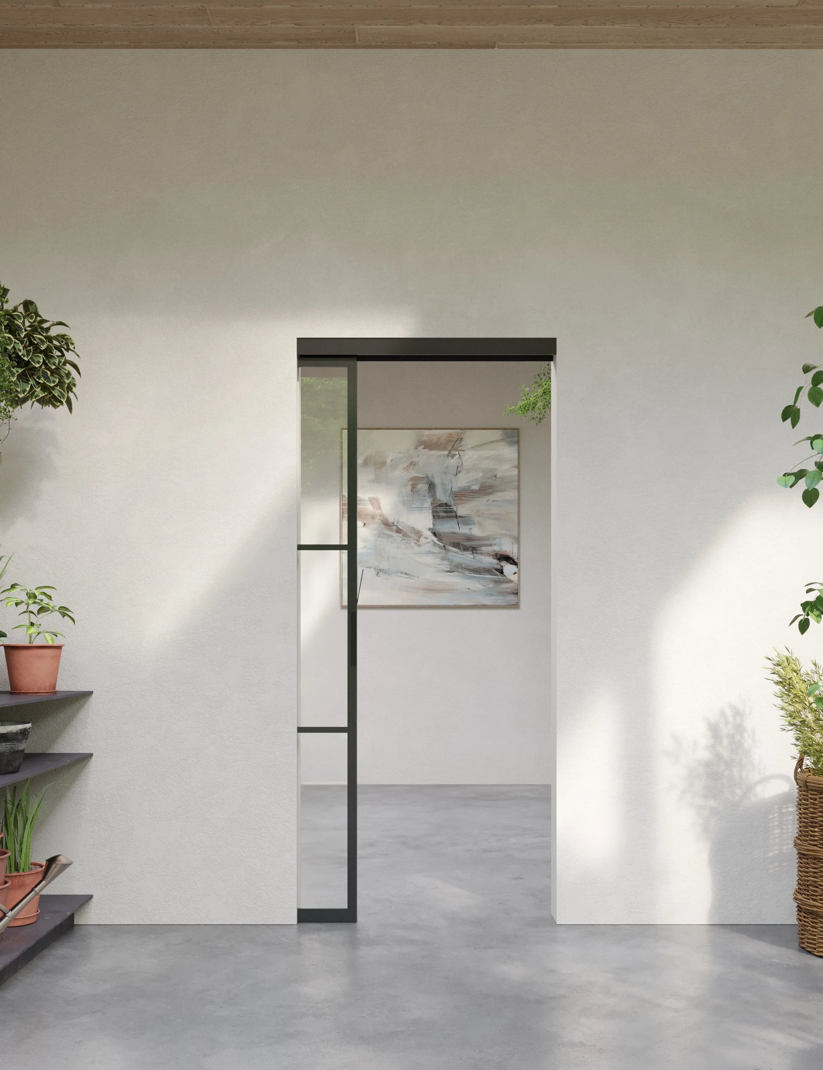 Air 4 pocket track sliding door with minimalist grid design and narrow sightlines