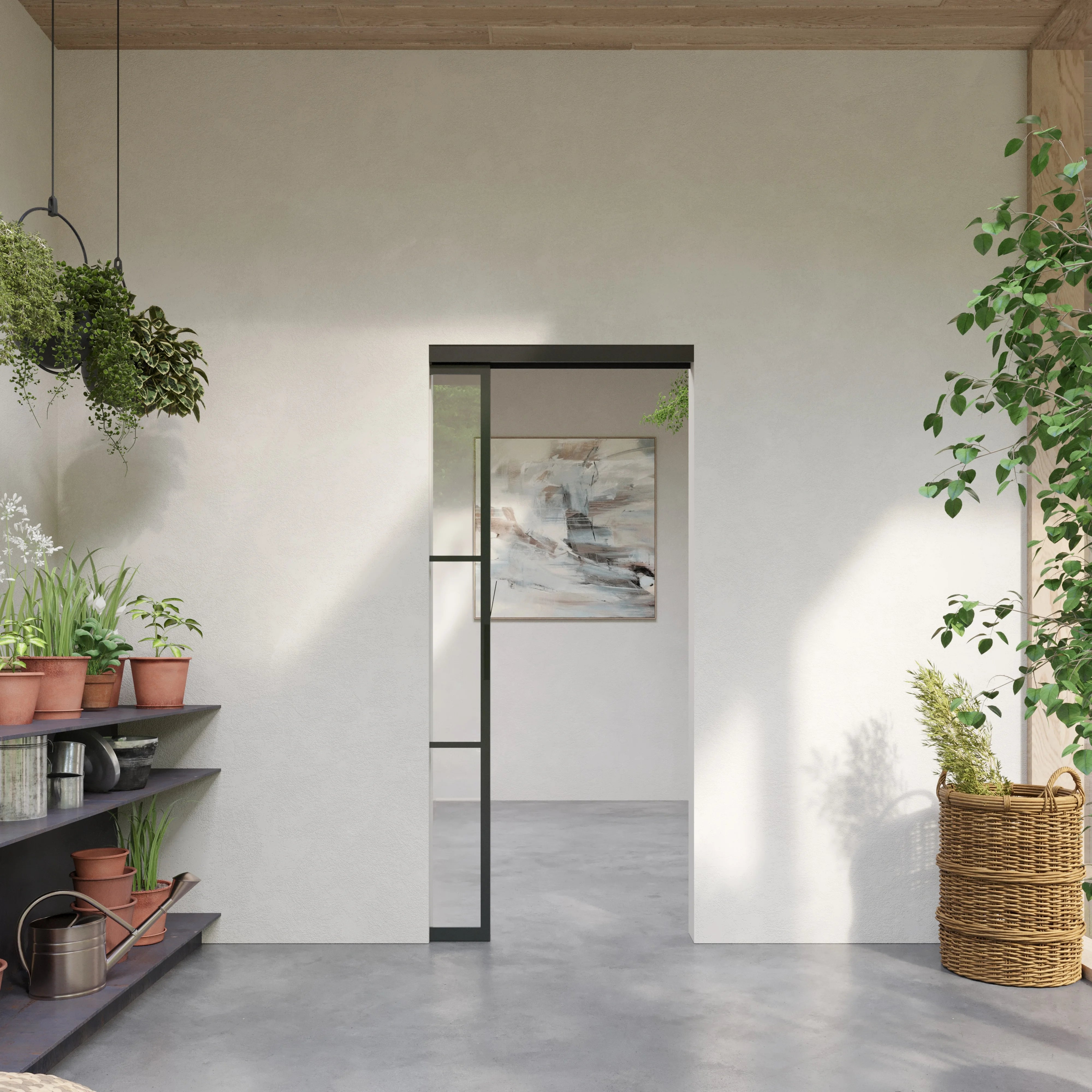 Air 4 pocket track sliding door with minimalist grid design and narrow sightlines