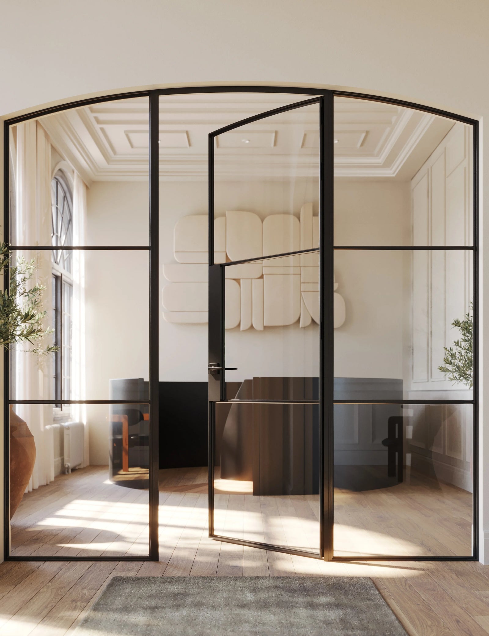 Air 4 arched single door with side windows and tempered glass panels