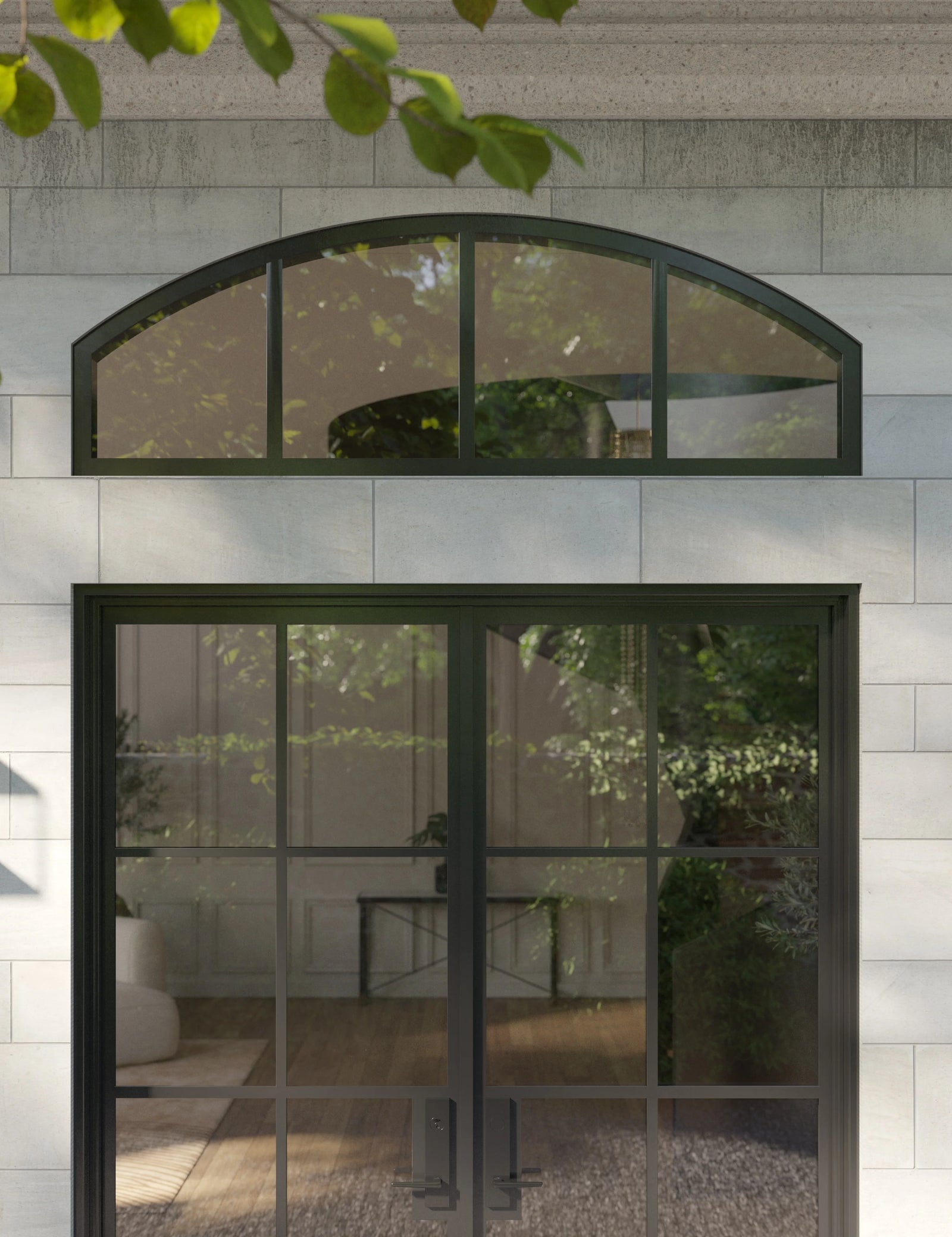 Exterior arch top steel window with dual-pane tempered glazing